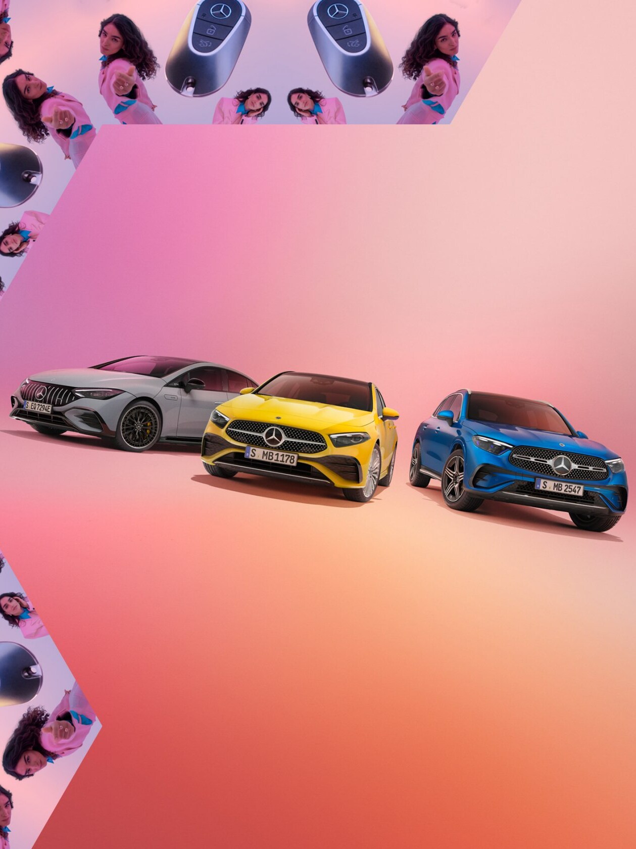 Classe A, GLA e EQE Berlina su uno sfondo rosato