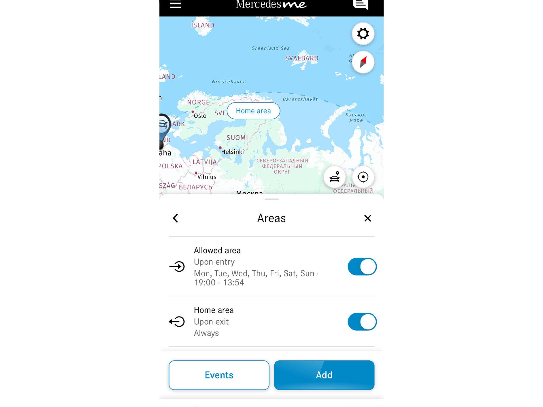Su uno smartphone viene indicato se l'auto si sta spostando all'interno o all'esterno di una zona definita, grazie al Digital Extras Tracking geografico del veicolo.