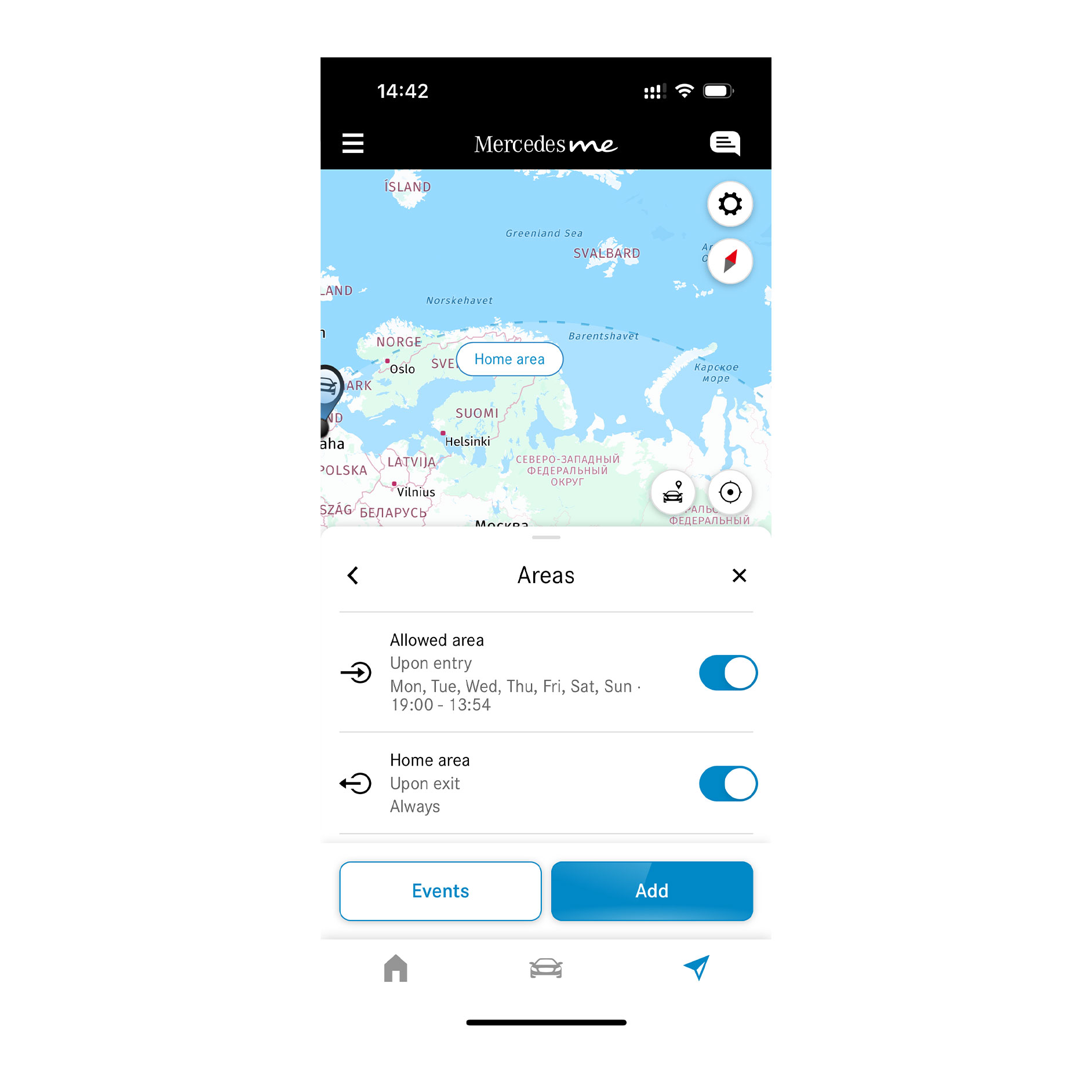 Tracking geografico del veicolo | Remote | Mercedes-Benz Su uno smartphone viene indicato se l'auto si sta spostando all'interno o all'esterno di una zona definita, grazie al Digital Extras Tracking geografico del veicolo.