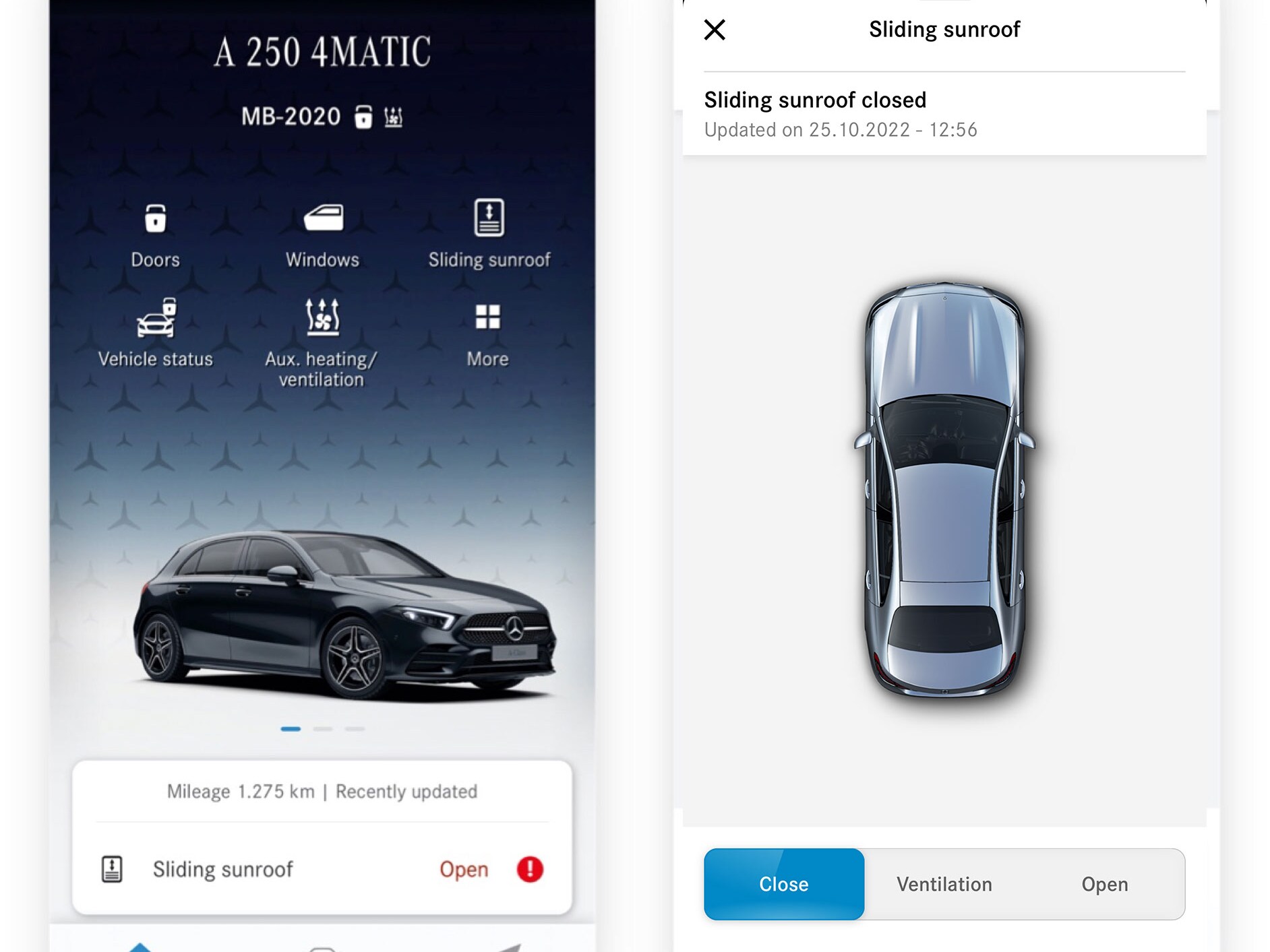 Su uno smartphone si possono vedere le diverse schermate che compaiono quando il Digital Extras Apertura finestrini/tetto scorrevole da remoto rileva che il tetto non è chiuso.