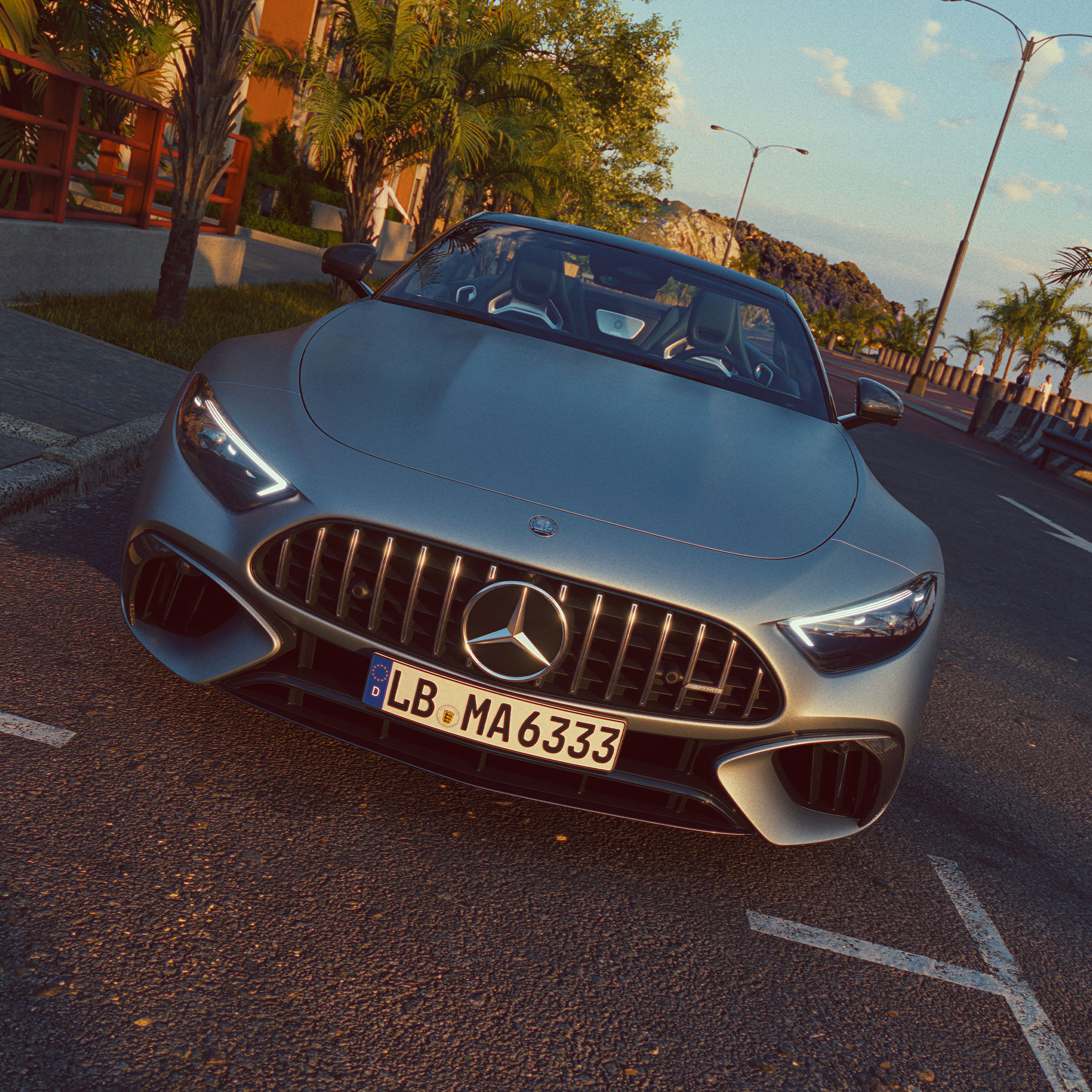Design | SL Roadster | Mercedes-AMG Una vista anteriore della Mercedes-AMG SL Roadster mentre parcheggia in una strada.