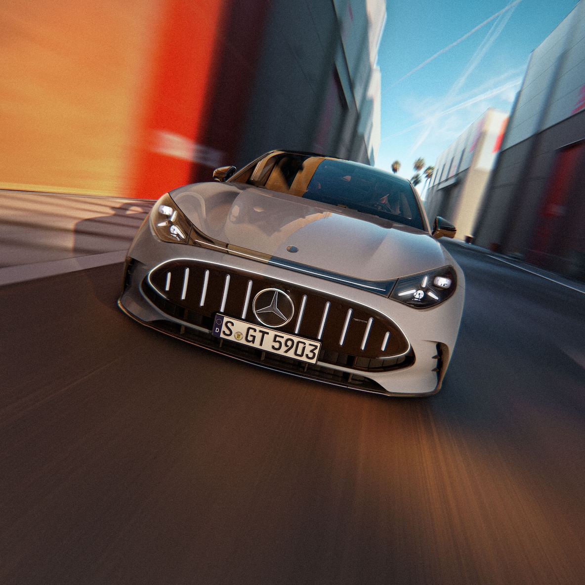 Una vista frontale della GT coupé a 4 porte di Mercedes-AMG.