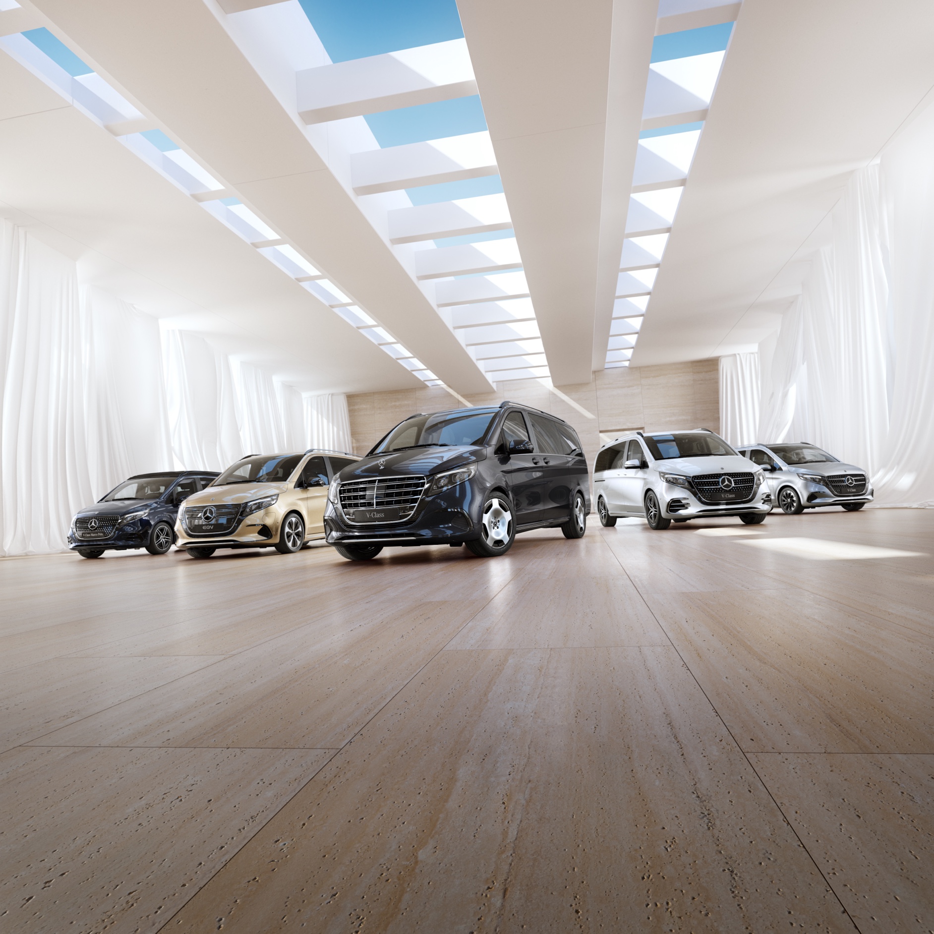 Comfort | EQV | Mercedes-Benz Vans I modelli Mercedes-Benz van e autocaravan in uno showroom.