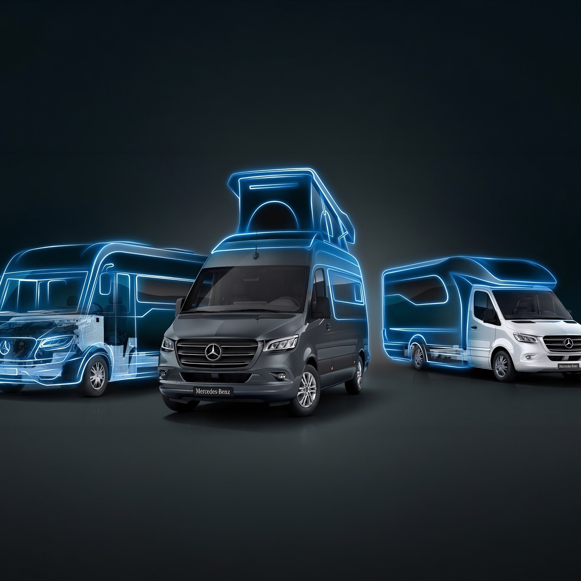 La gamma di camper Mercedes‑Benz Sprinter, caratterizzata da soluzioni di allestimento flessibili e da un design moderno tipico dei veicoli ricreativi.