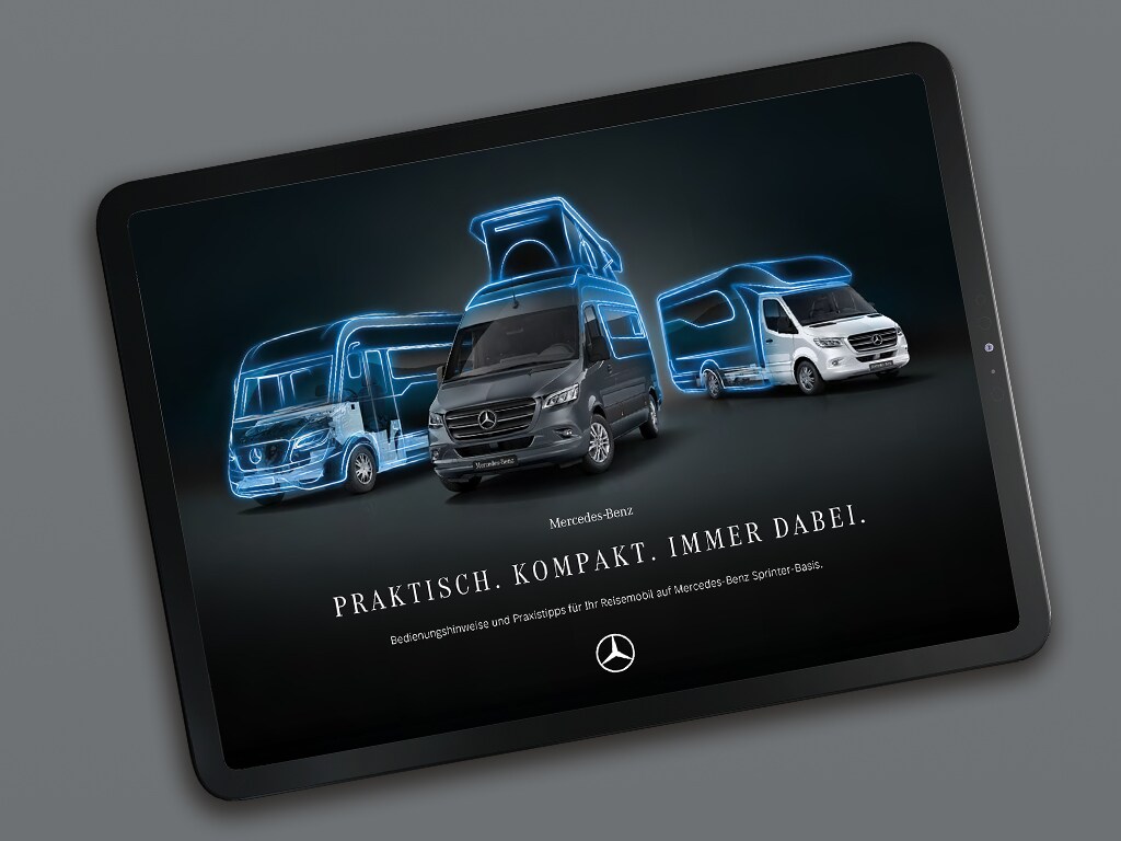 Un tablet con una brochure digitale sui camper Mercedes-Benz Sprinter.