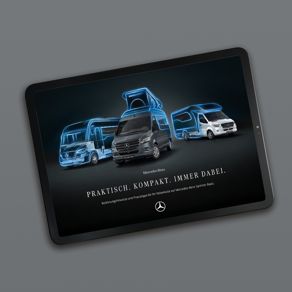 Camper Sprinter su tablet | Sprinter camper | Mercedes-Benz Un tablet con una brochure digitale sui camper Mercedes-Benz Sprinter.