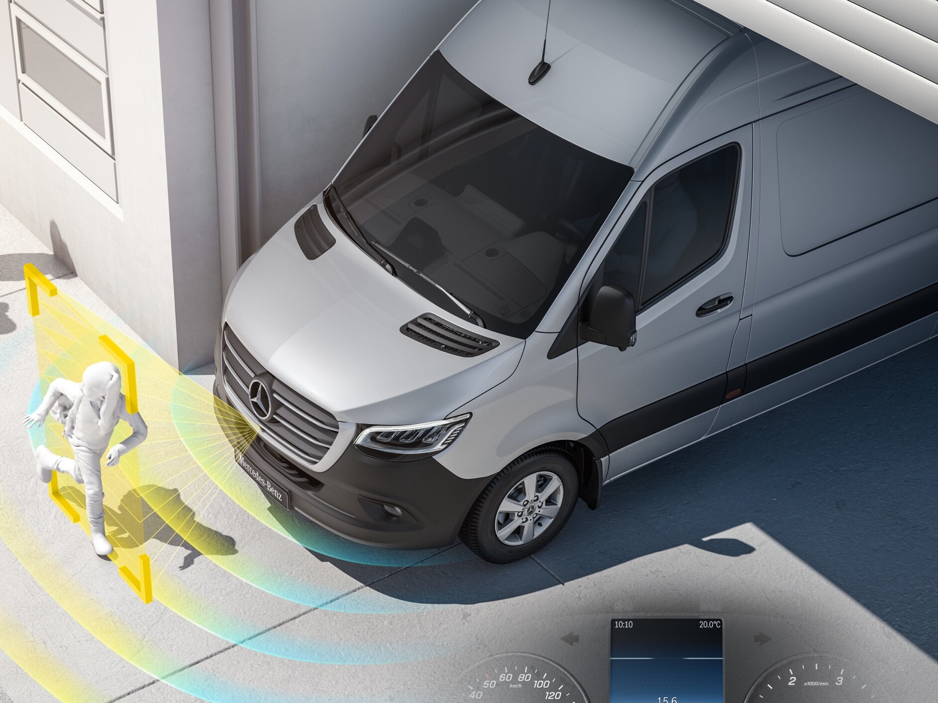 Il Mercedes‑Benz Sprinter con sistemi di assistenza attiva in grado di rilevare i pedoni nelle vicinanze, per una maggiore sicurezza del conducente.