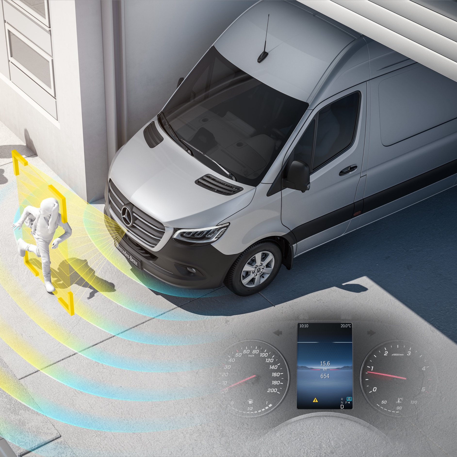 Digital extras | Sprinter camper | Mercedes-Benz Il Mercedes‑Benz Sprinter con sistemi di assistenza attiva in grado di rilevare i pedoni nelle vicinanze, per una maggiore sicurezza del conducente.