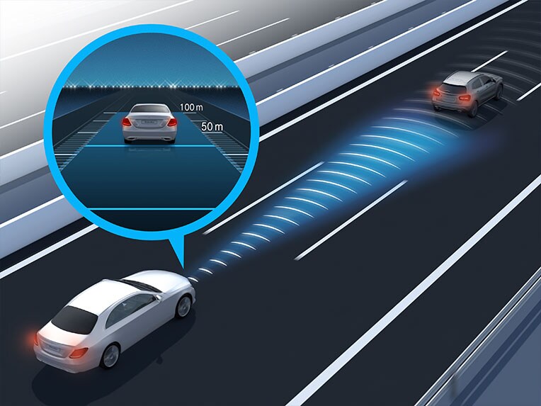 Il sistema di assistenza attivo alla regolazione della distanza DISTRONIC a bordo di Mercedes-Benz CLA Coupé.