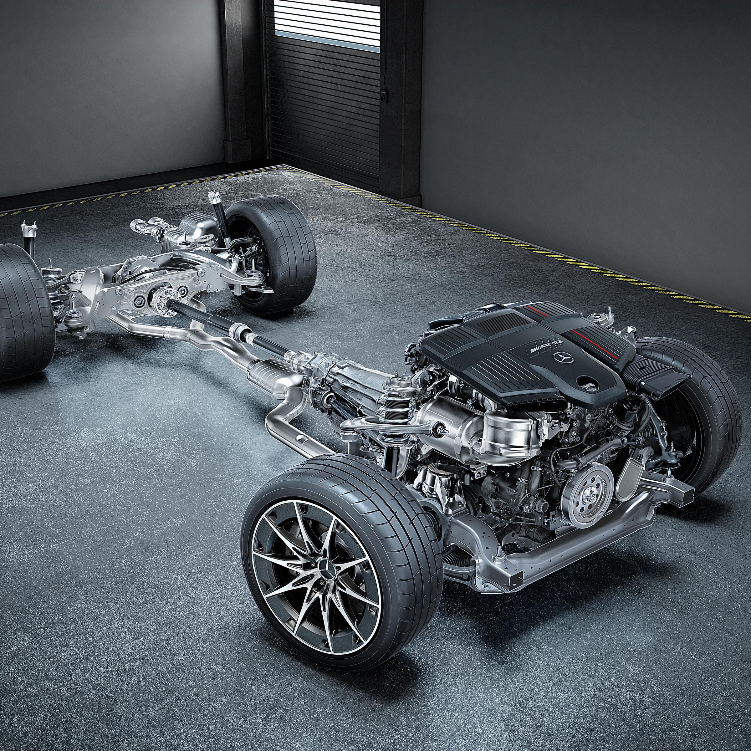 Vista della catena cinematica con motore a 6 cilindri in linea da 3.0 litri e AMG Performance 4MATIC+.