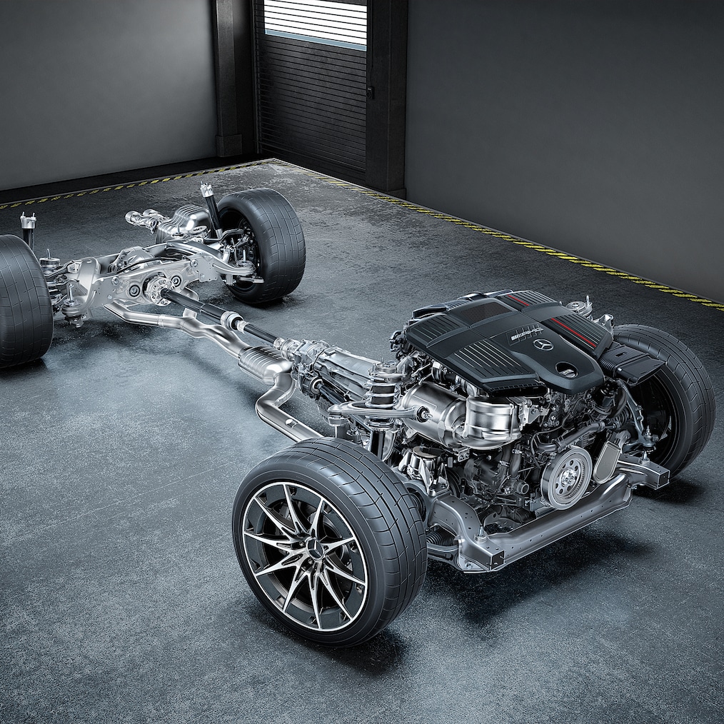 Vista della catena cinematica con motore a 6 cilindri in linea da 3.0 litri e AMG Performance 4MATIC+.