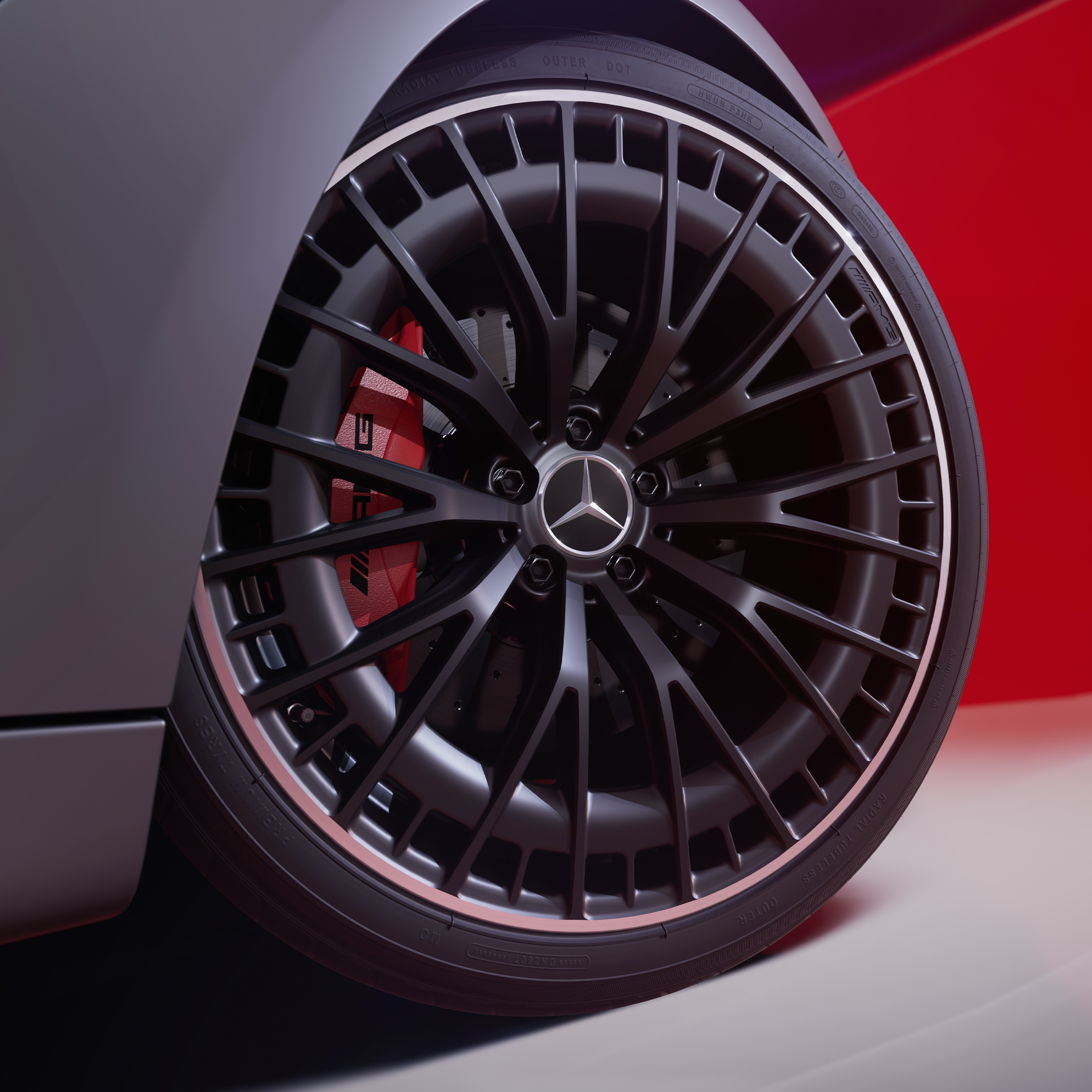 Primo piano di un cerchio il lega leggera AMG da 50.8 cm (20") (RTM, RTN) o di un cerchio fucinato (RVQ, RVR, RVS).