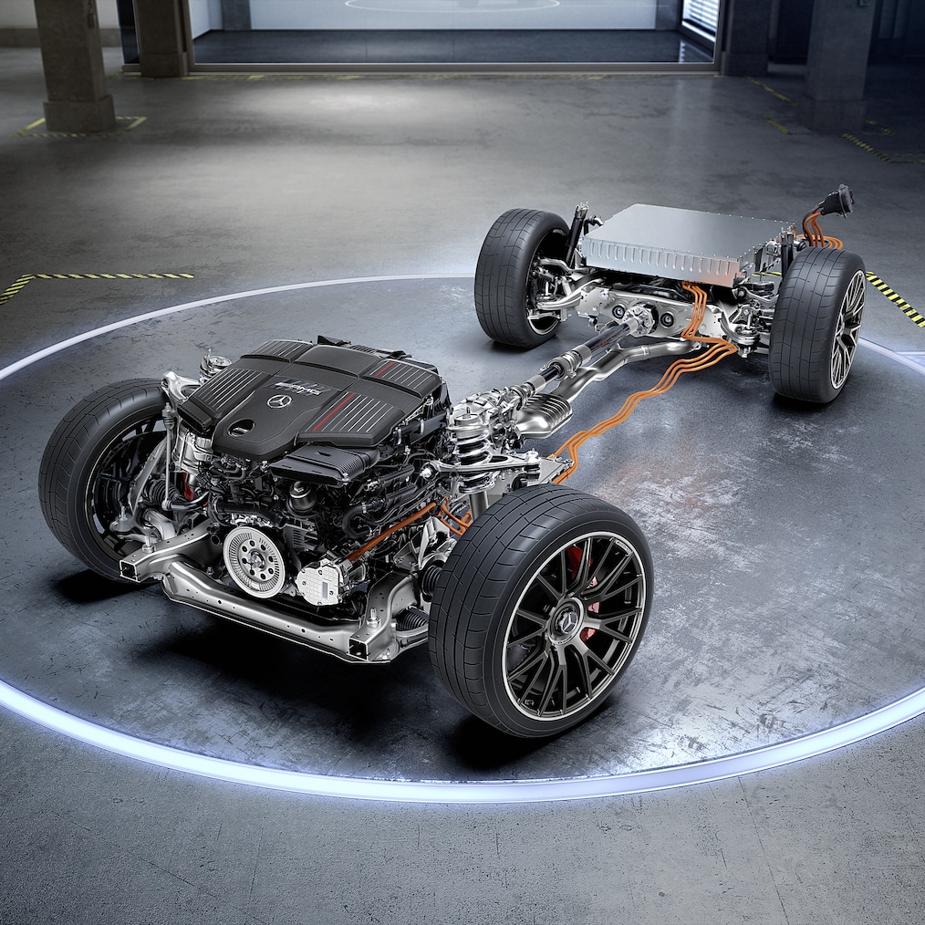 Il telaio con catena cinematica AMG della Mercedes-AMG E 53 HYBRID 4MATIC+.