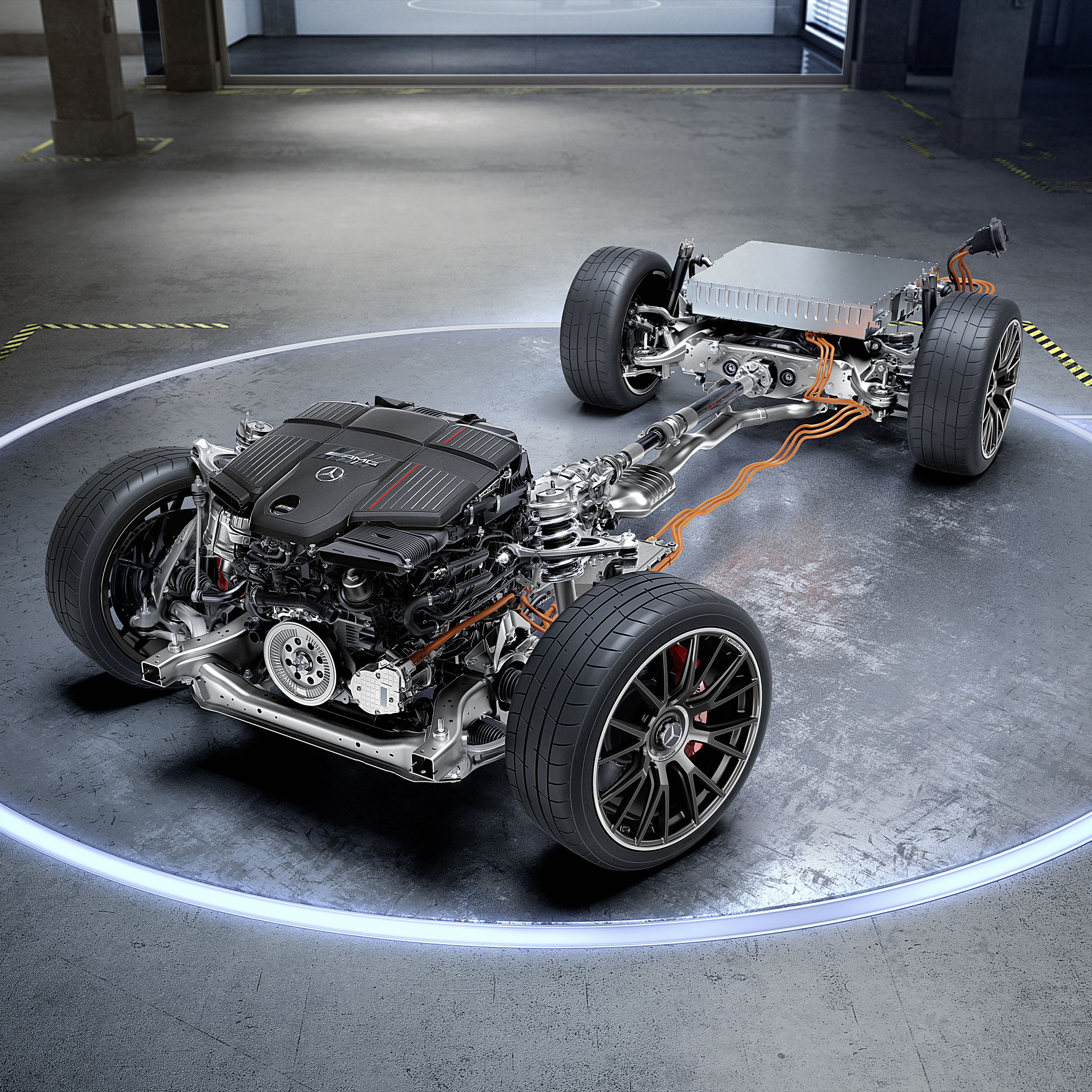 Il telaio con la catena cinematica AMG della Mercedes-AMG E 53 HYBRID 4MATIC+.