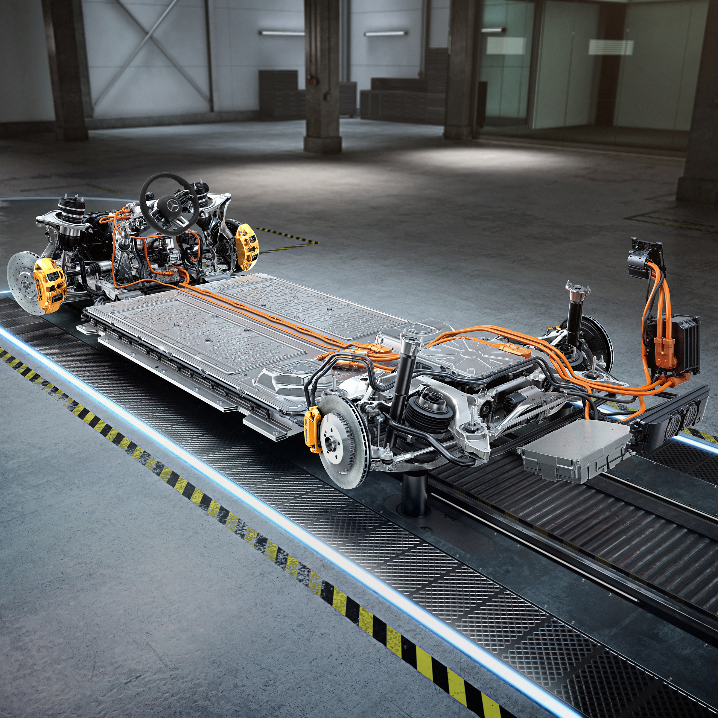 L'autotelaio con catena cinematica della Mercedes-AMG EQE+.