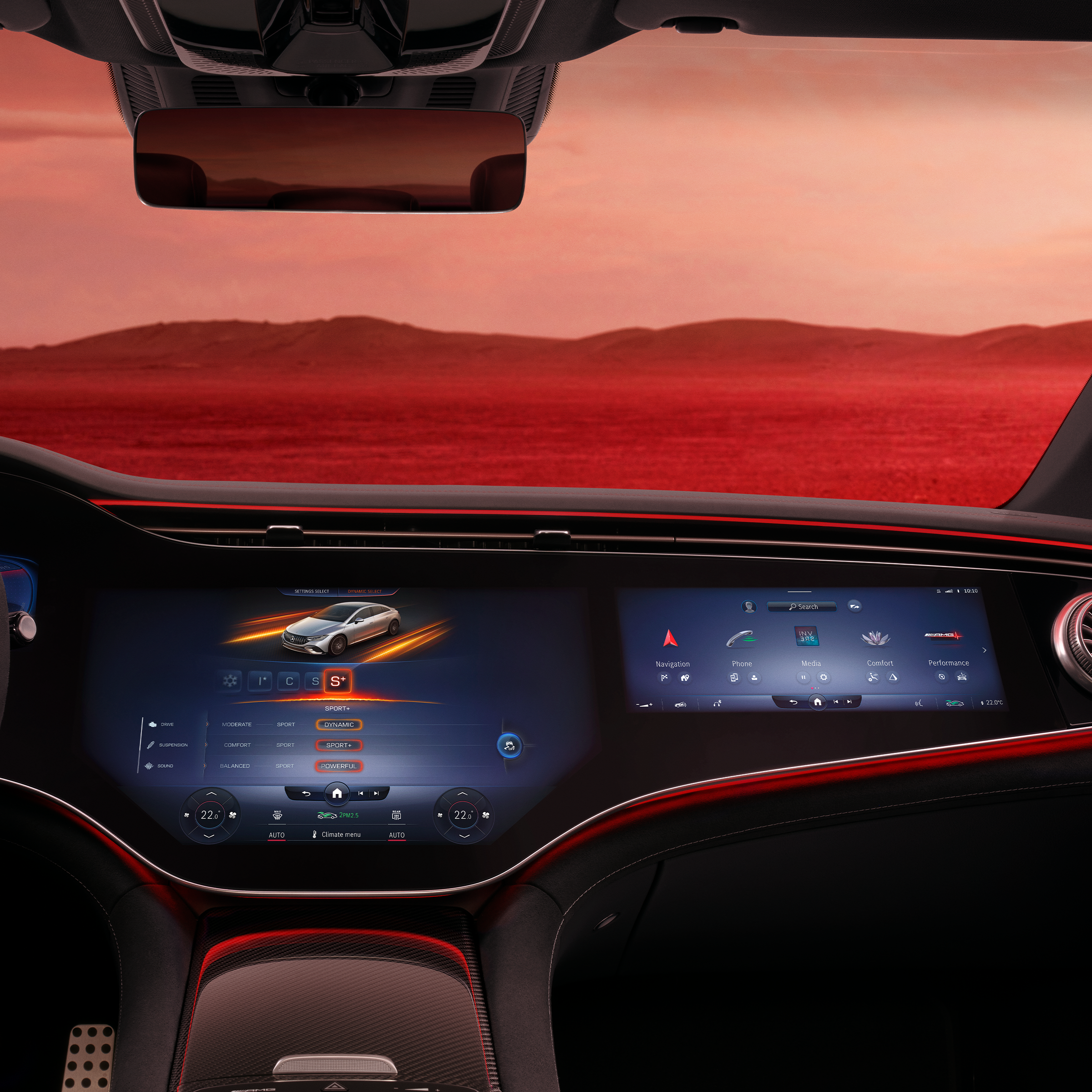 Vista sull'MBUX Hyperscreen dal sedile lato guida.