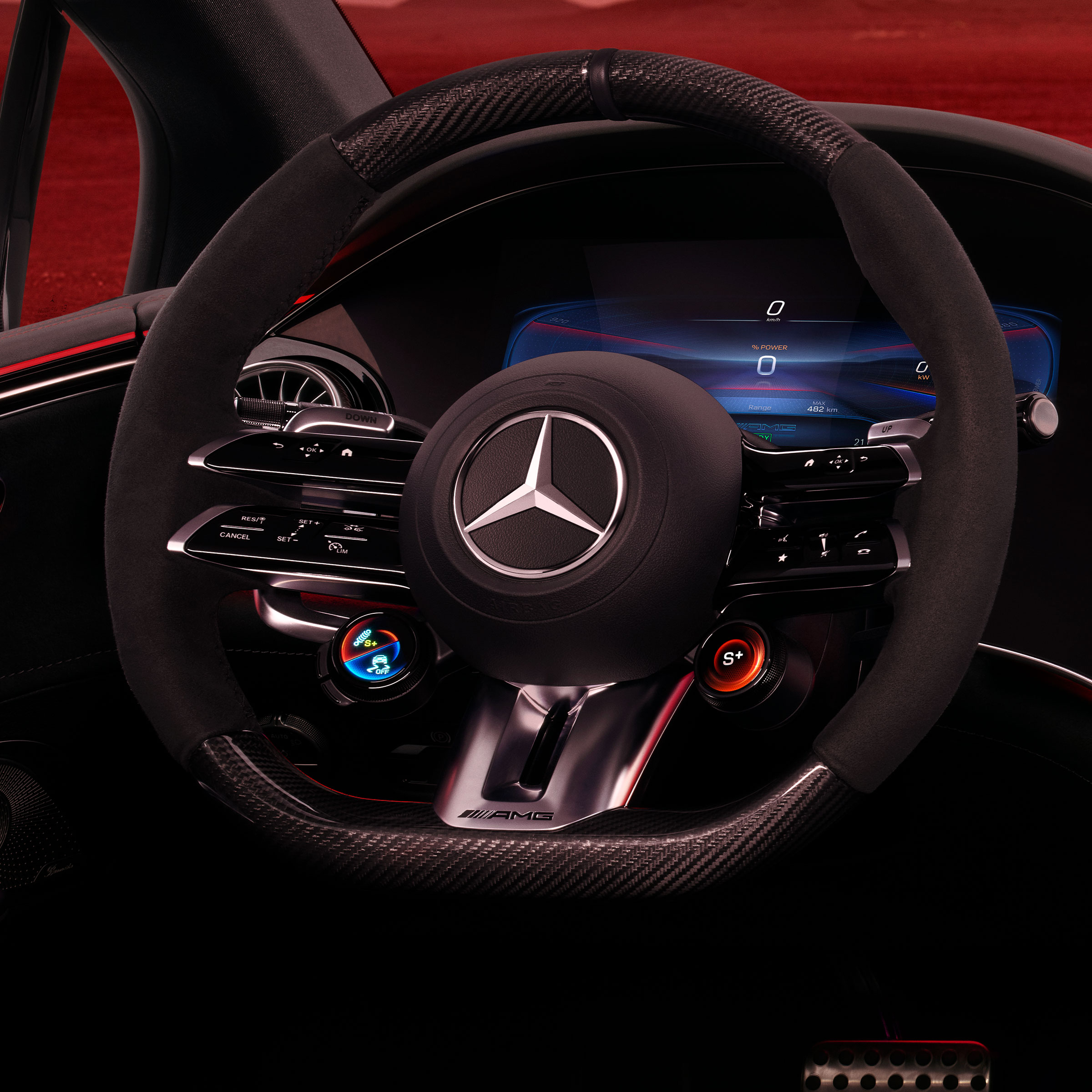 I tasti al volante AMG nell'abitacolo della Mercedes-AMG EQE Berlina.