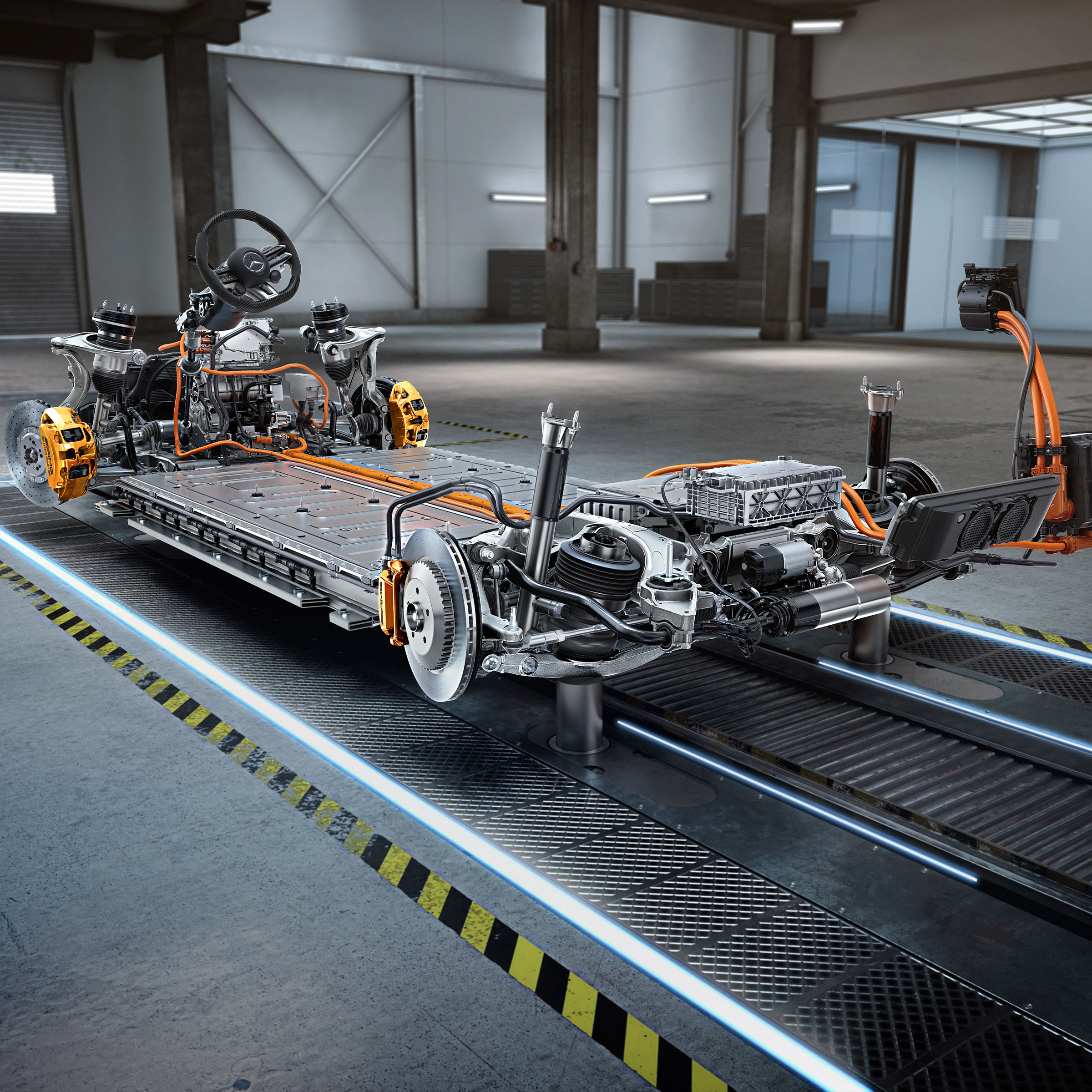 Il telaio con catena cinematica della Mercedes-AMG EQE 53 4MATIC+ SUV.