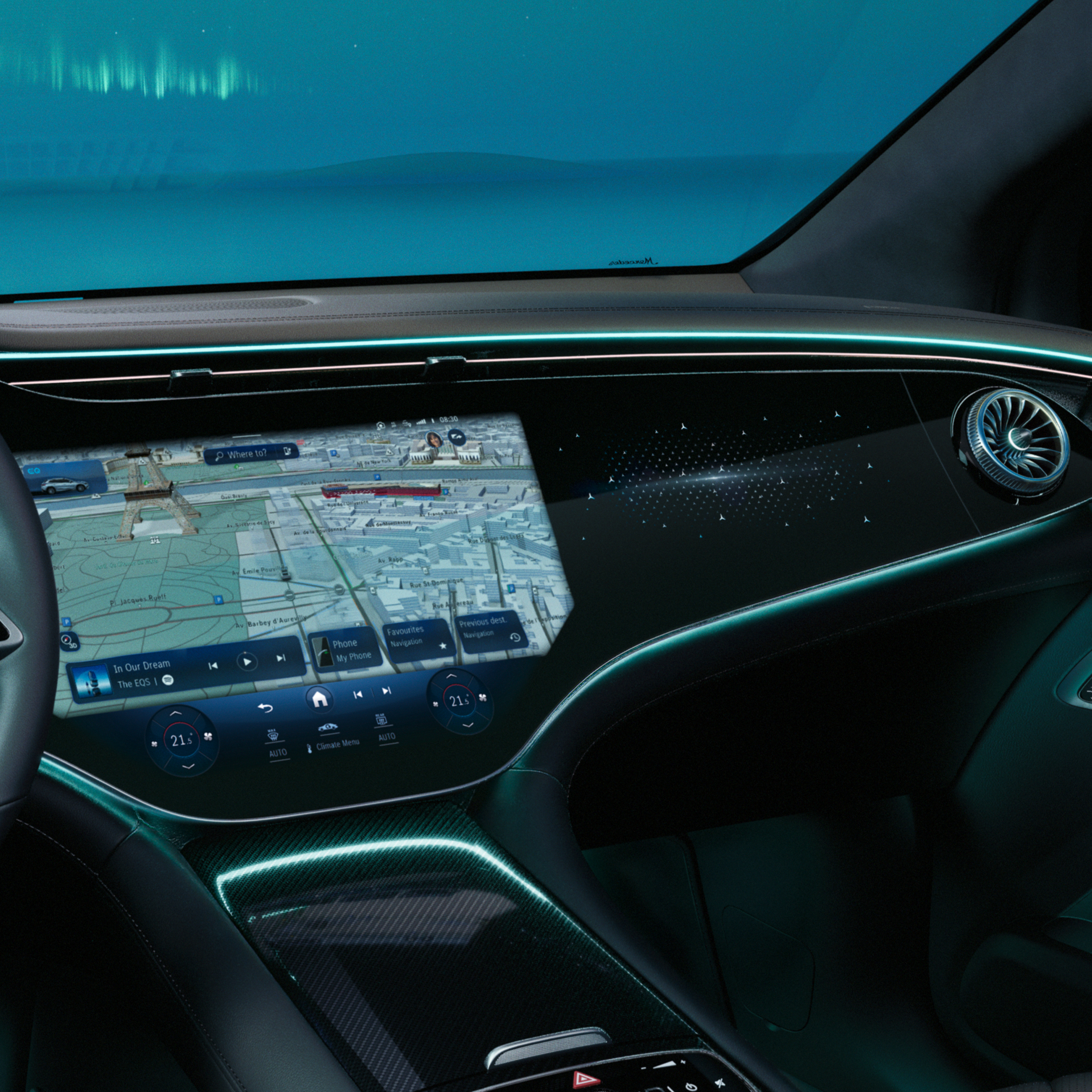 Vista frontale dell'MBUX Hyperscreen della Mercedes-Benz EQE SUV.