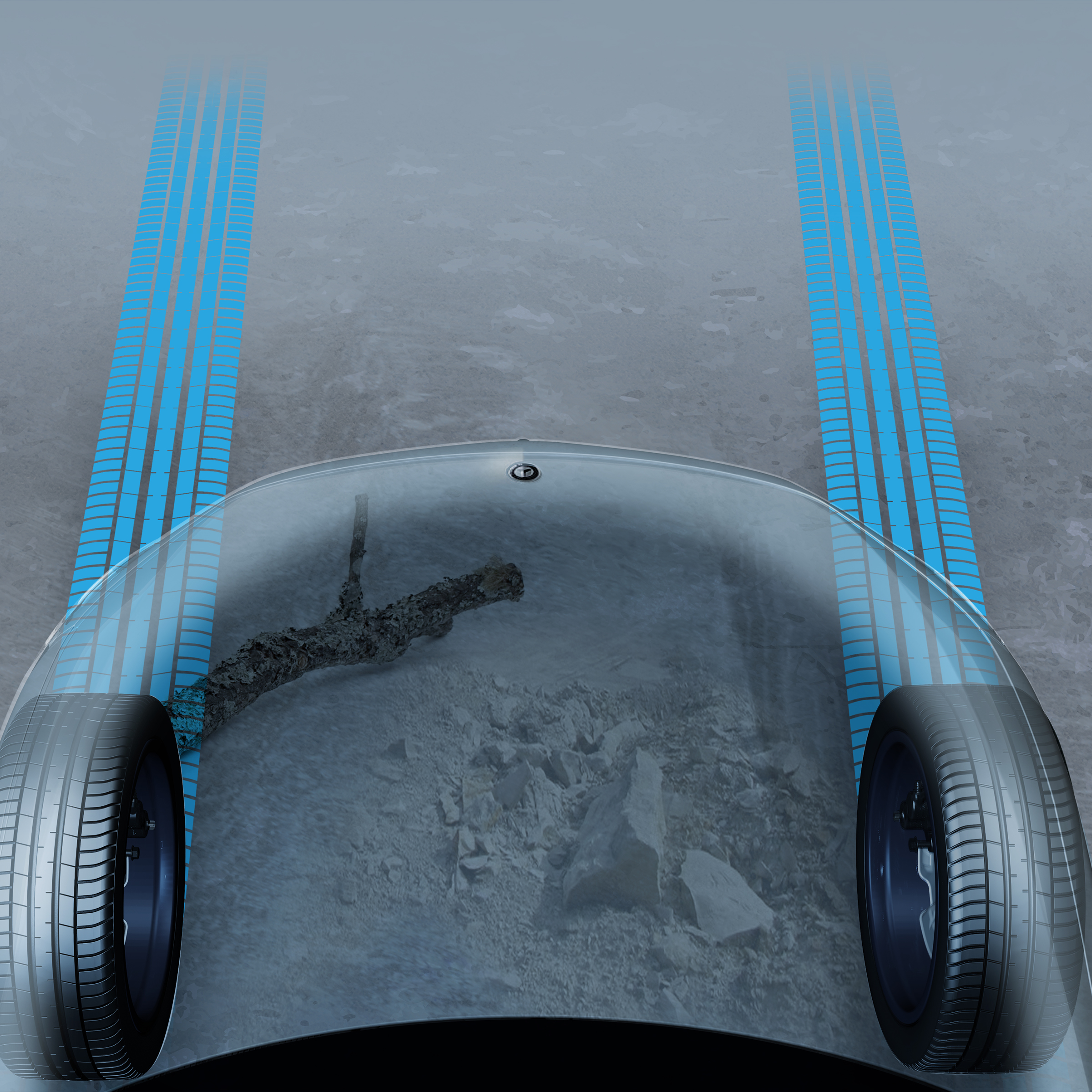 Una rappresentazione grafica del cofano motore trasparente della Mercedes-Benz EQE SUV.