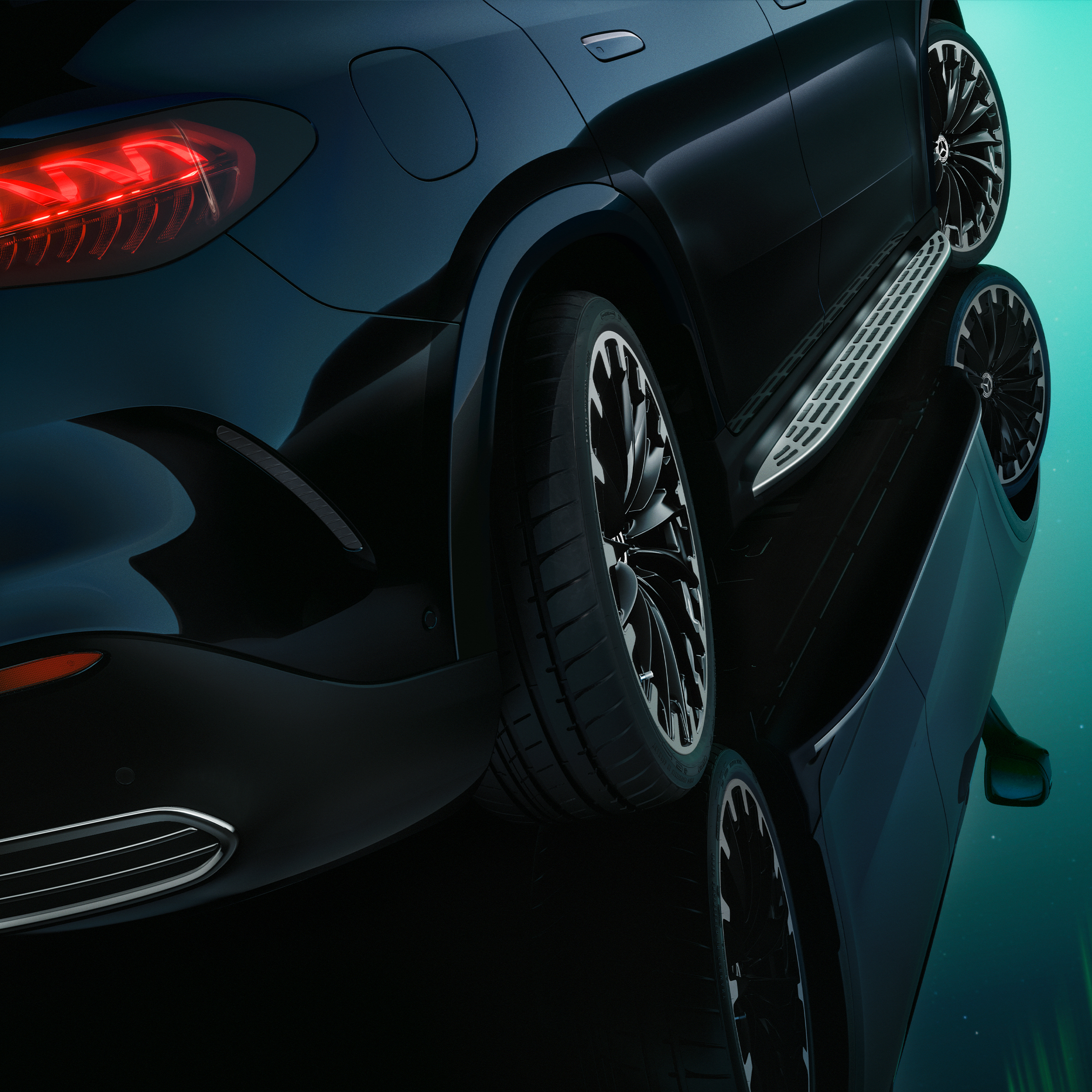 L'asse posteriore sterzante della Mercedes-Benz EQE SUV.