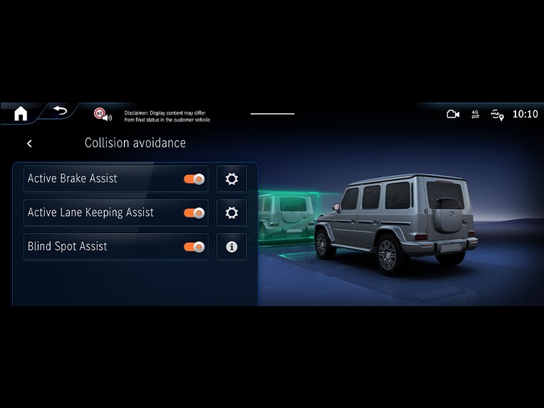 Sistema di assistenza alla frenata attivo della Mercedes-Benz Classe G completamente elettrica.