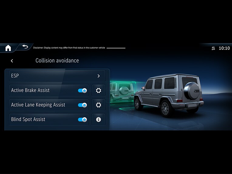 Una illustrazione del funzionamento del sistema di assistenza alla frenata attivo della Mercedes-Benz Classe G.