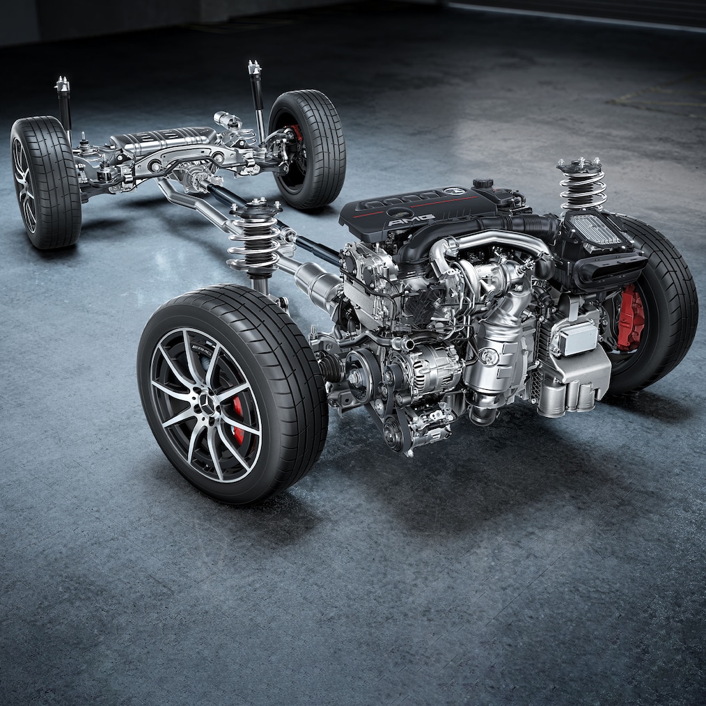 Il telaio con catena cinematica di Mercedes-AMG GLA 35 4MATIC.