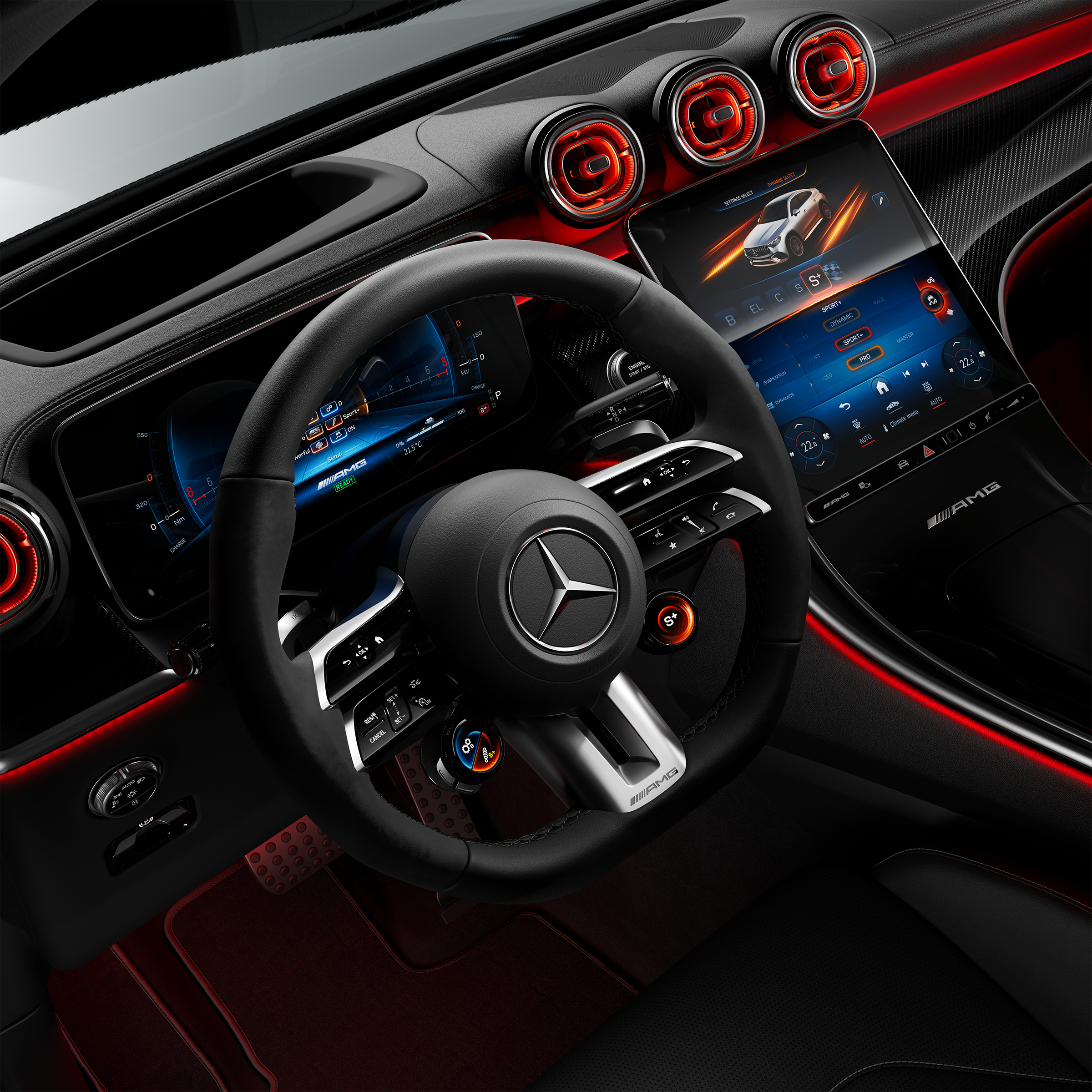 Primo piano del volante sportivo AMG Performance nella Mercedes-AMG GLC Coupé.