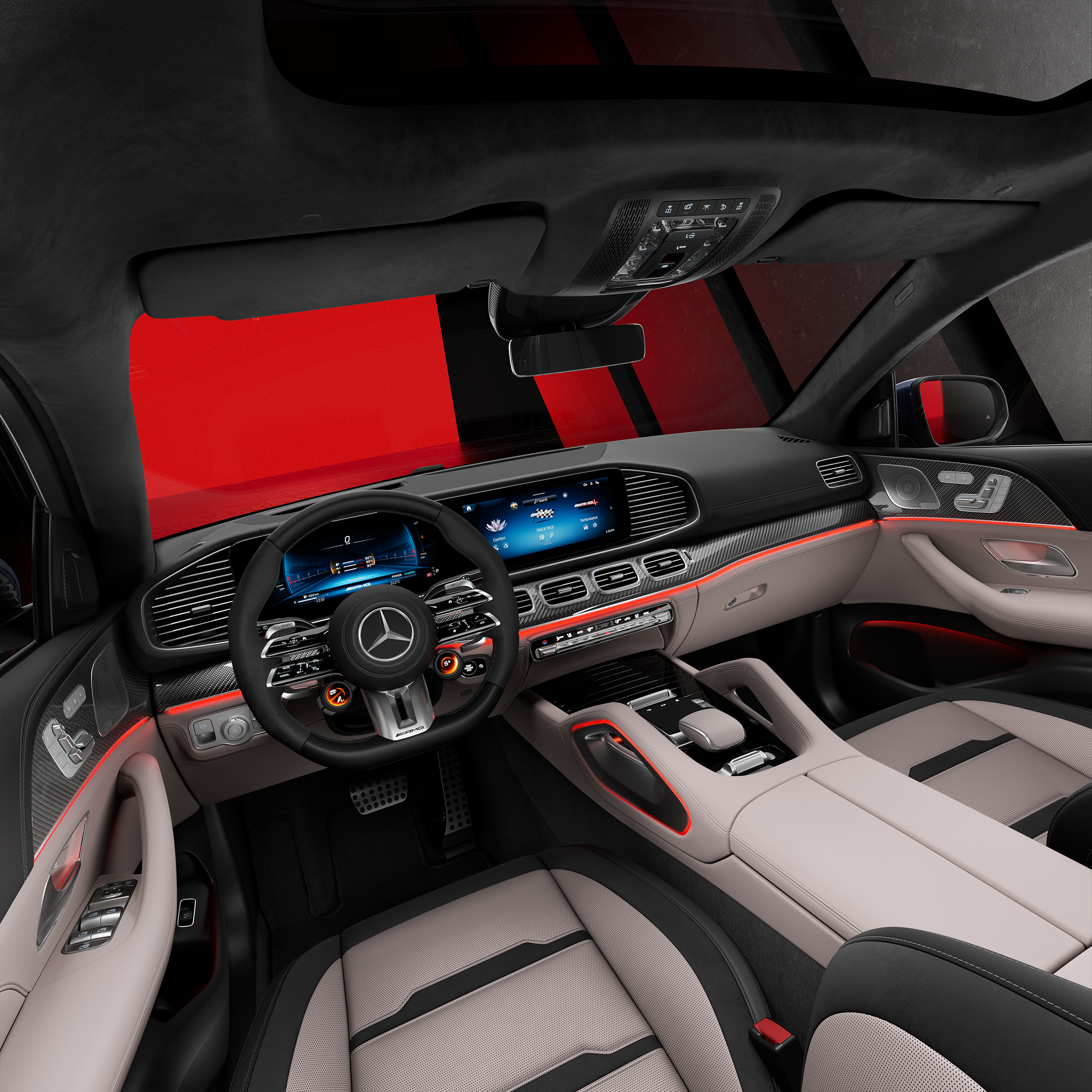 Vista laterale dei sedili anteriori e della plancia della Mercedes-AMG GLE Coupé.