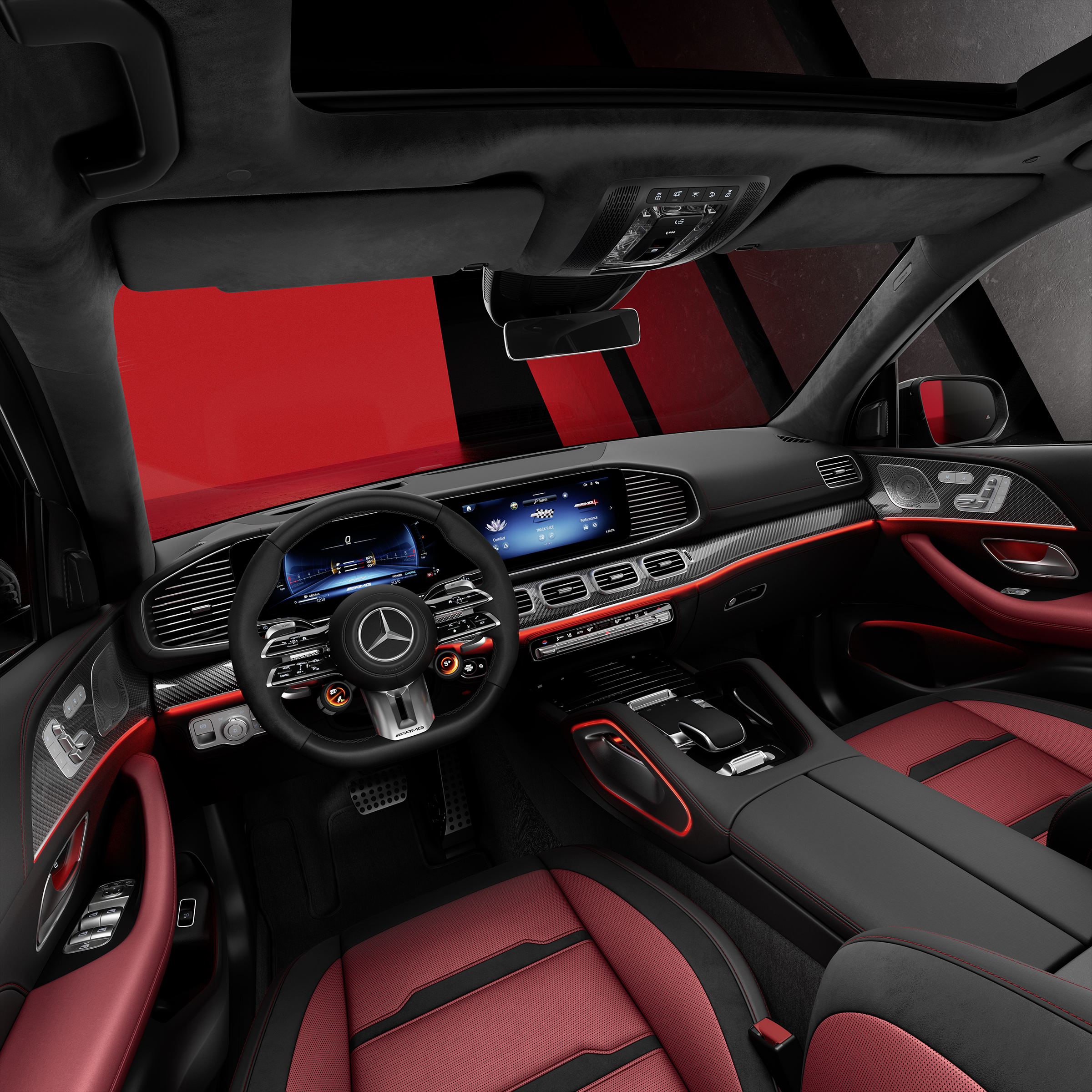 Vista laterale dei sedili anteriori e della plancia della Mercedes-AMG GLE SUV.