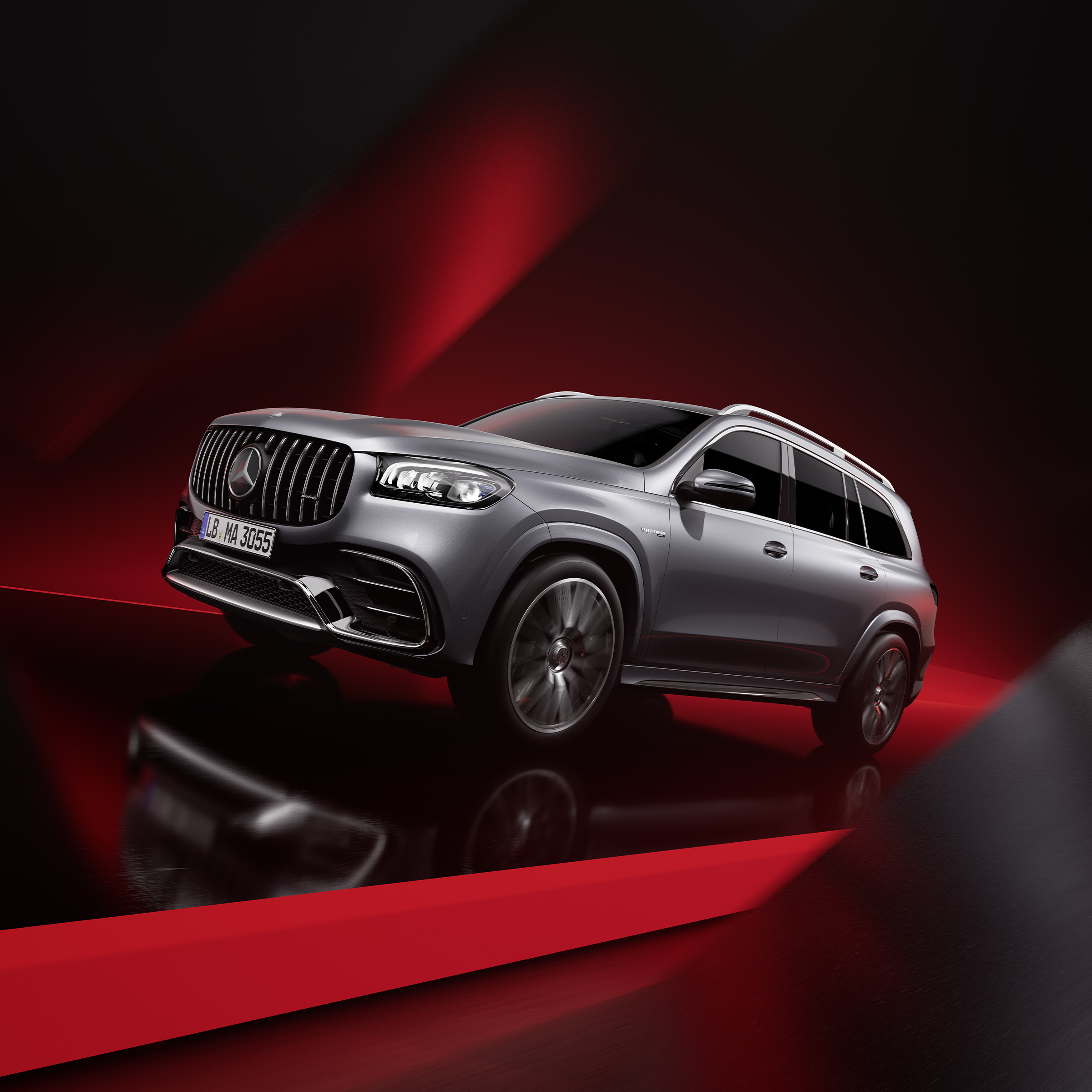 Vista frontale di tre quarti della Mercedes-AMG GLS 63 4MATIC+, preferibilmente nella verniciatura magno