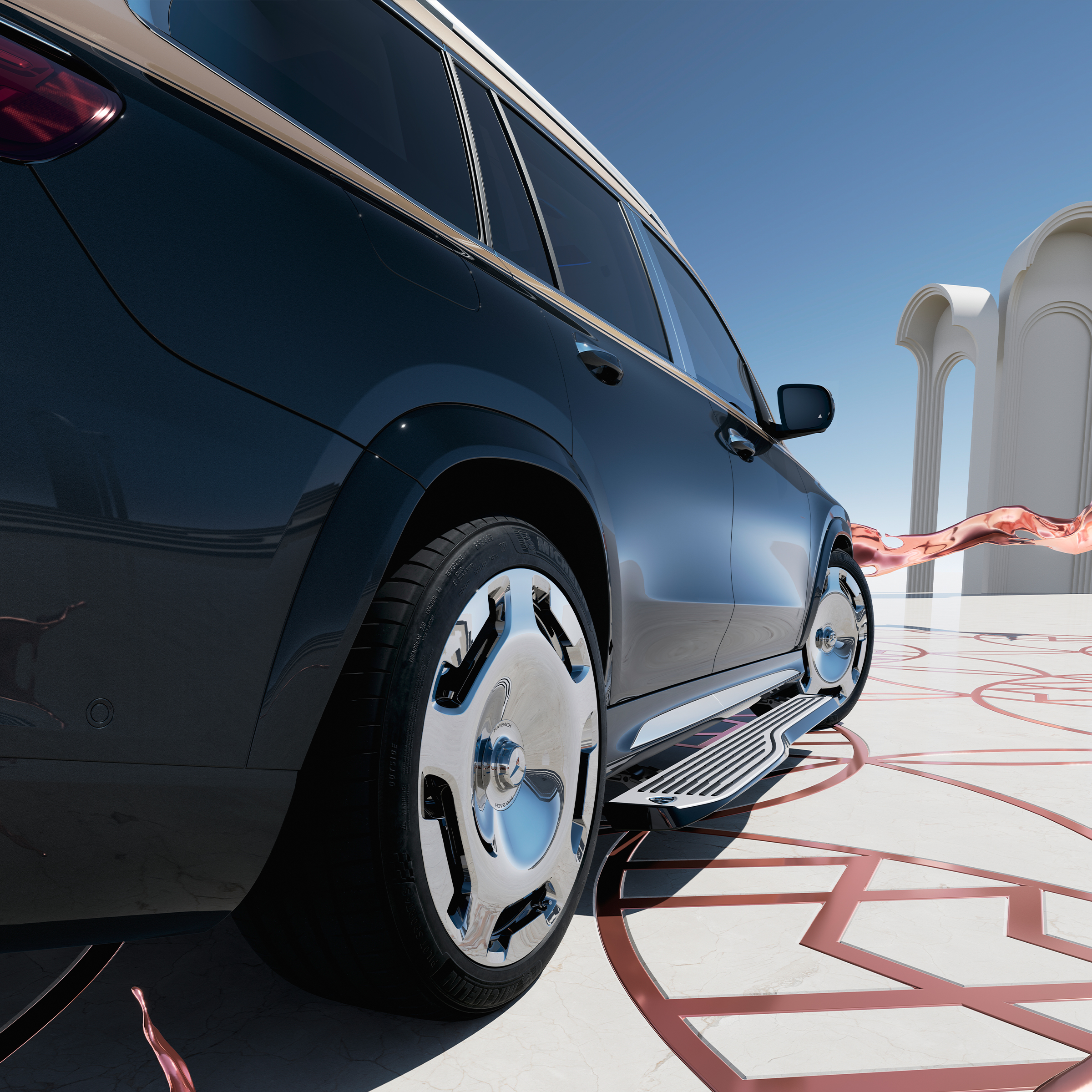 Vista verticale dall'alto della Mercedes-Maybach GLS 600 con porte aperte e predellini di accesso estesi.