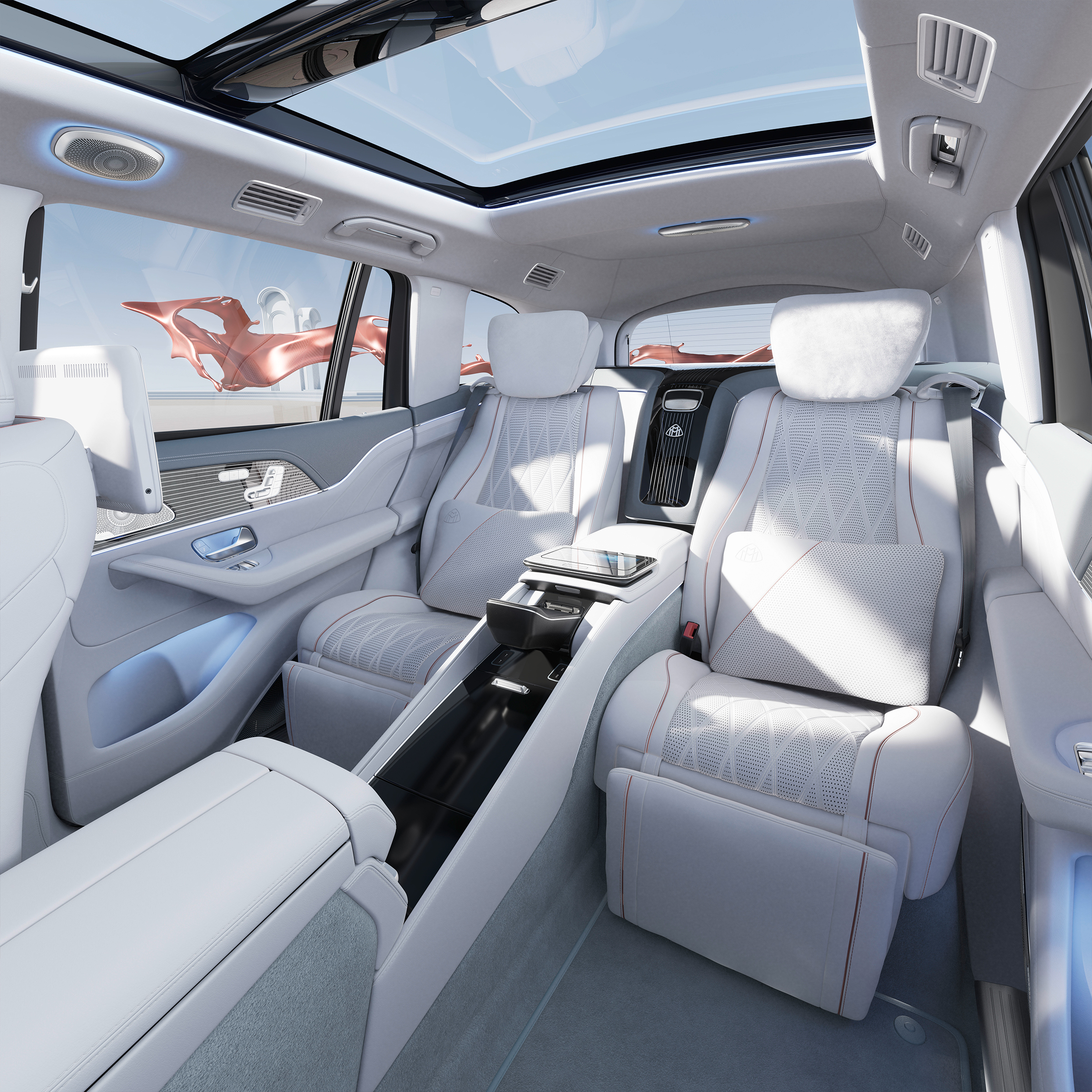 Vista frontale sulla zona posteriore First Class di Mercedes-Maybach GLS 600.