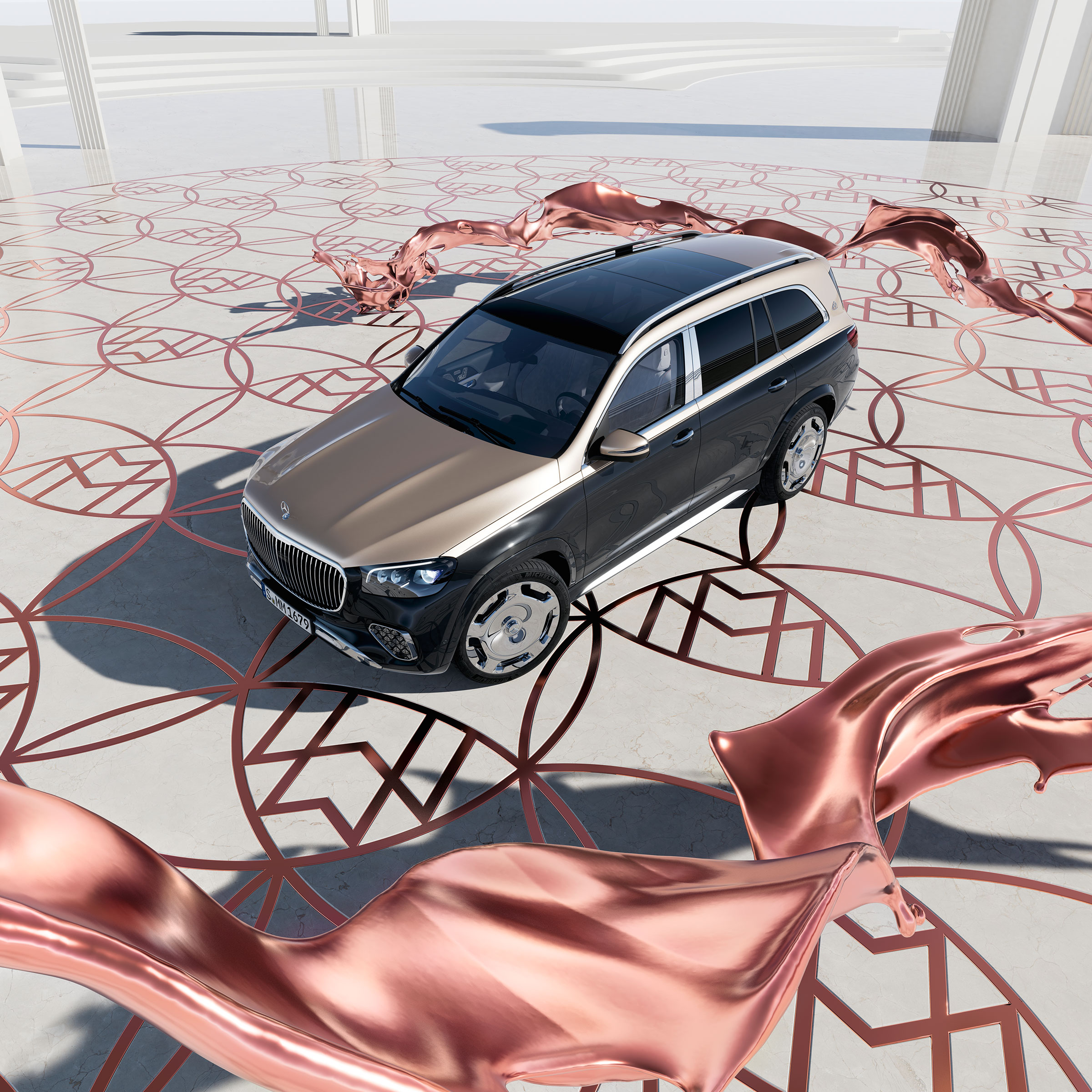 Vista di tre quarti anteriore di Mercedes-Maybach GLS 600 vista dall'alto.