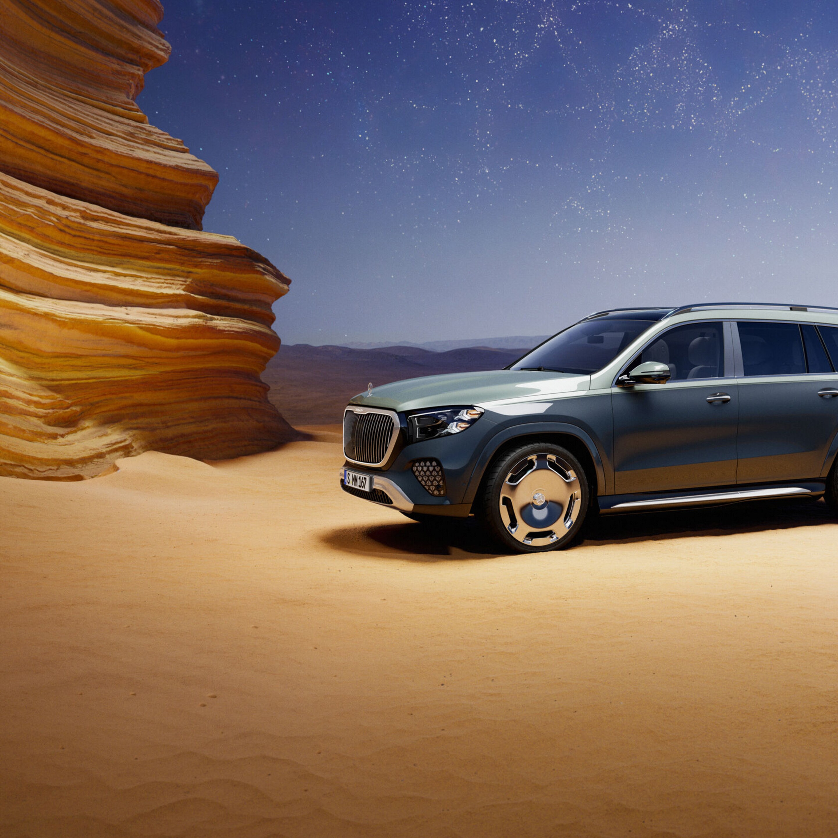 Vista frontale della Mercedes-Maybach GLS SUV.