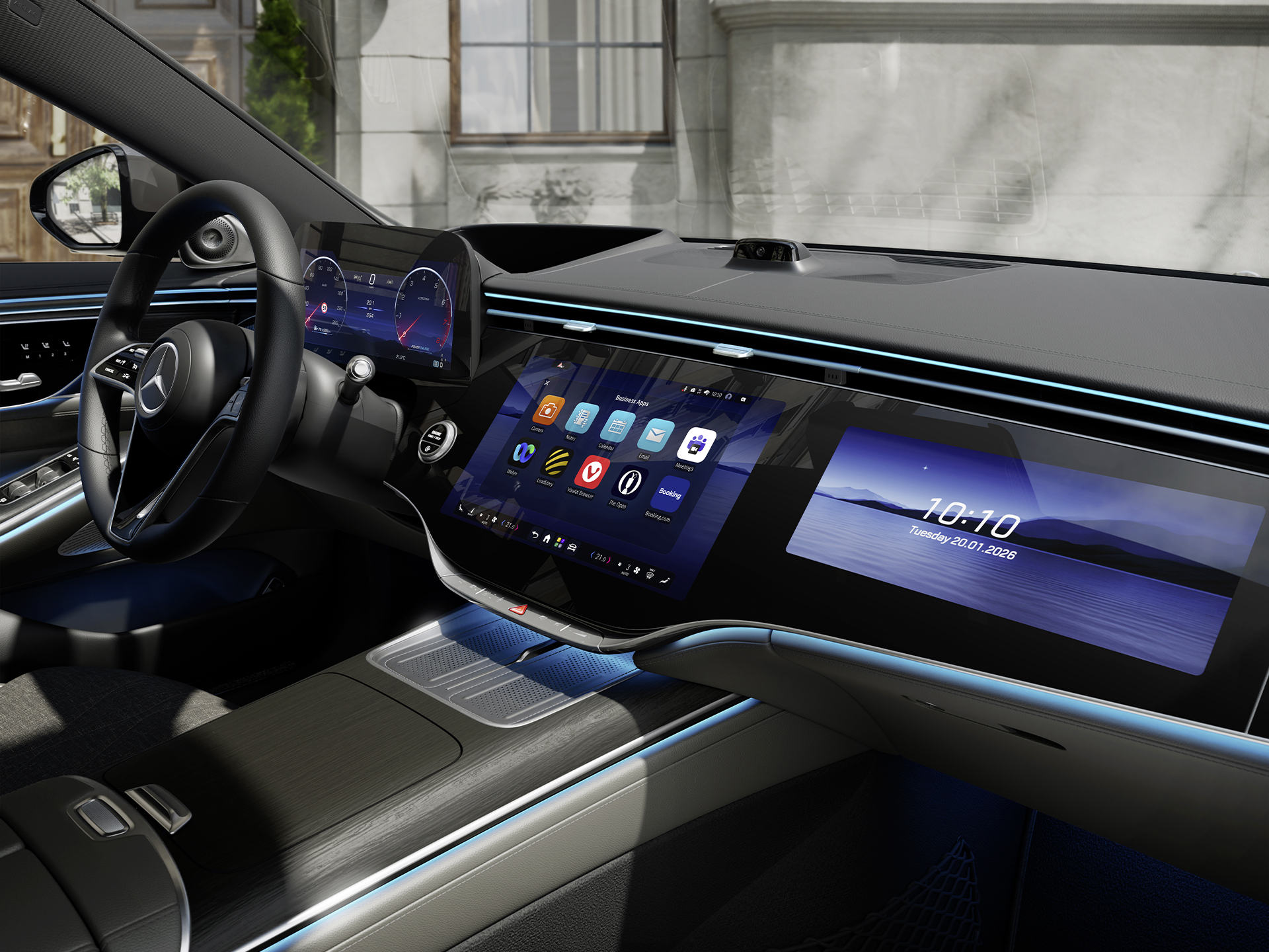 MB.OS | Classe S Berlina | Mercedes-Benz L'MBUX Superscreen nell'abitacolo della nuova Mercedes-Benz Classe S Berlina in cui è visualizzato l'MB.OS di Mercedes-Benz.