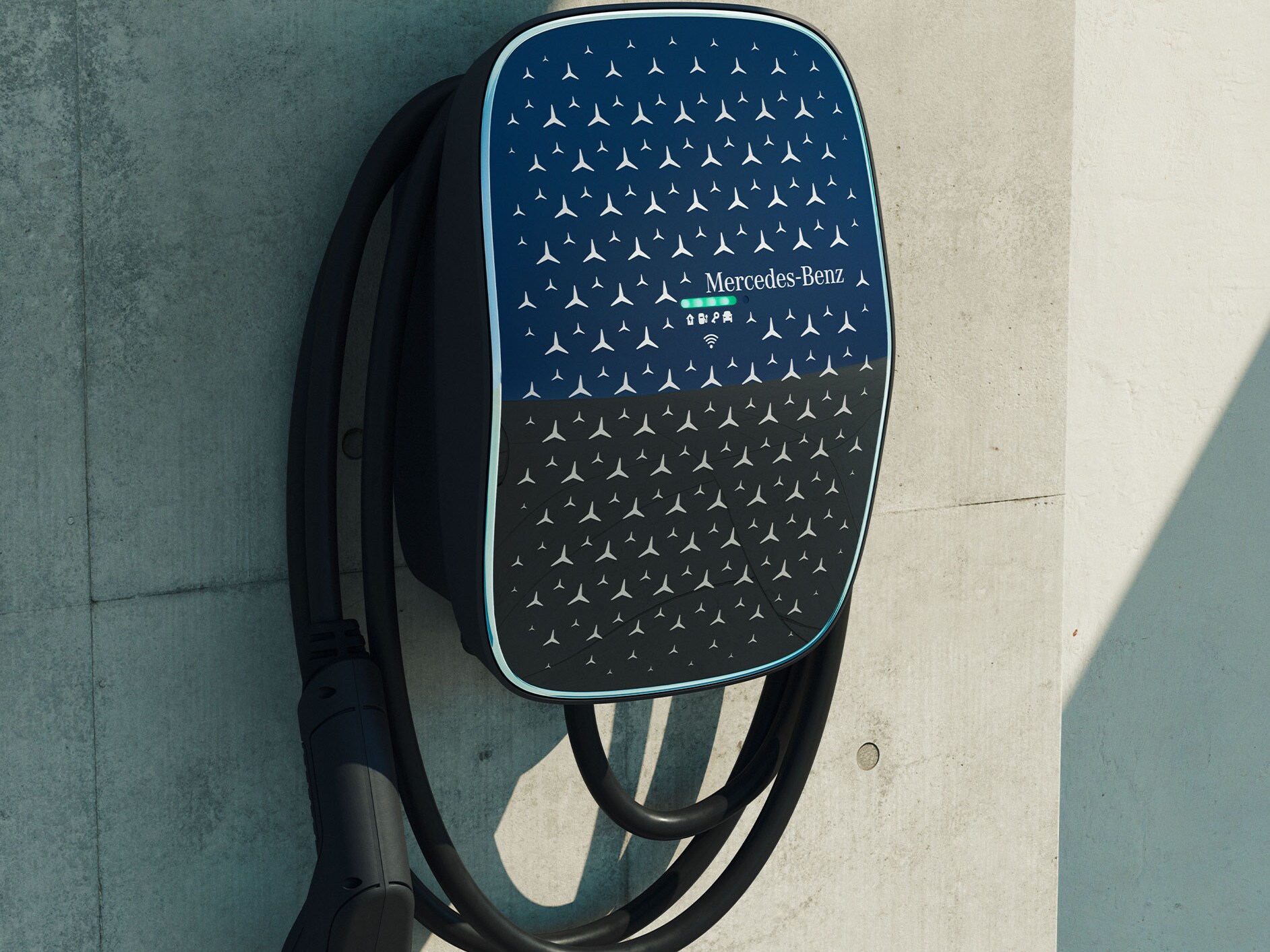 Il wallbox Mercedes-Benz, ispirato ai principi del design Mercedes-Benz.