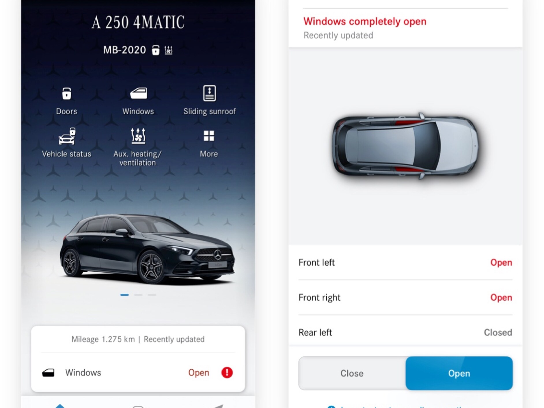 Su uno smartphone si possono vedere le diverse schermate che compaiono quando il Digital Extras Apertura finestrini/tetto scorrevole da remoto rileva che il tetto non è chiuso.