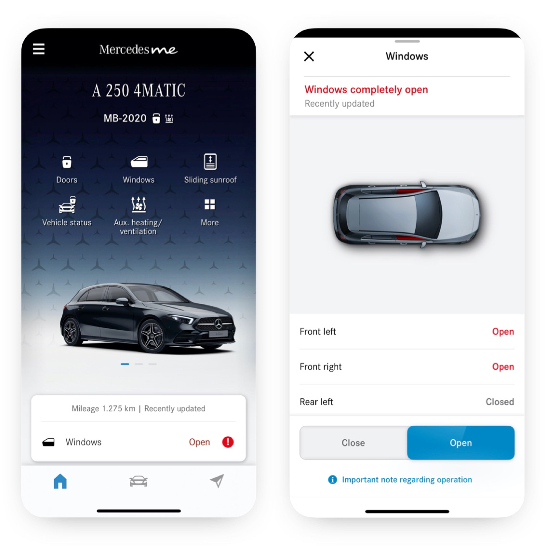 Apertura finestrini da remoto | Excellence Package | Mercedes-Benz Su uno smartphone si possono vedere le diverse schermate che compaiono quando il Digital Extras Apertura finestrini/tetto scorrevole da remoto rileva che il tetto non è chiuso.