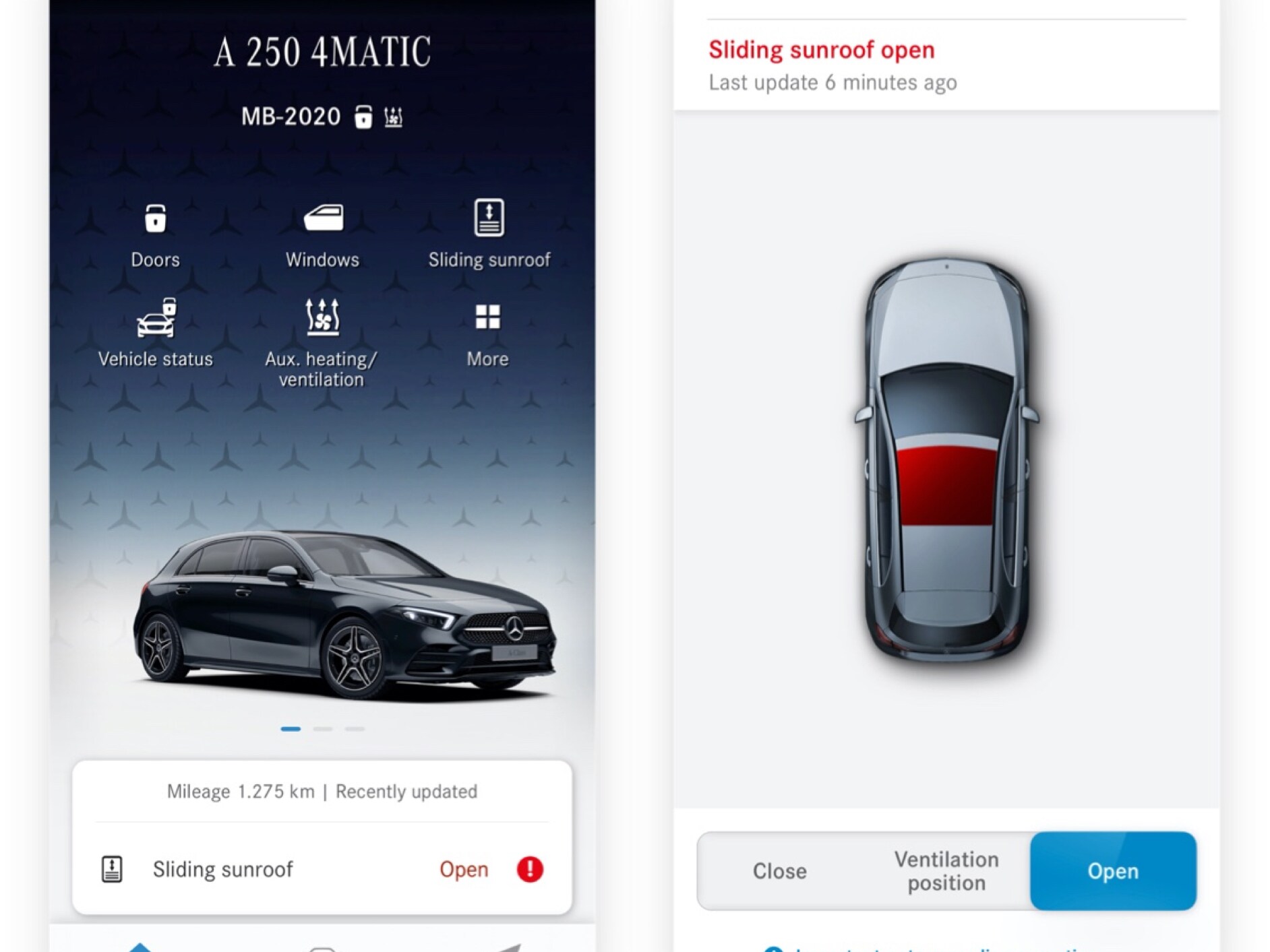 Su uno smartphone si possono vedere le diverse schermate che compaiono quando il Digital Extras Apertura finestrini/tetto scorrevole da remoto rileva che il tetto non è chiuso.