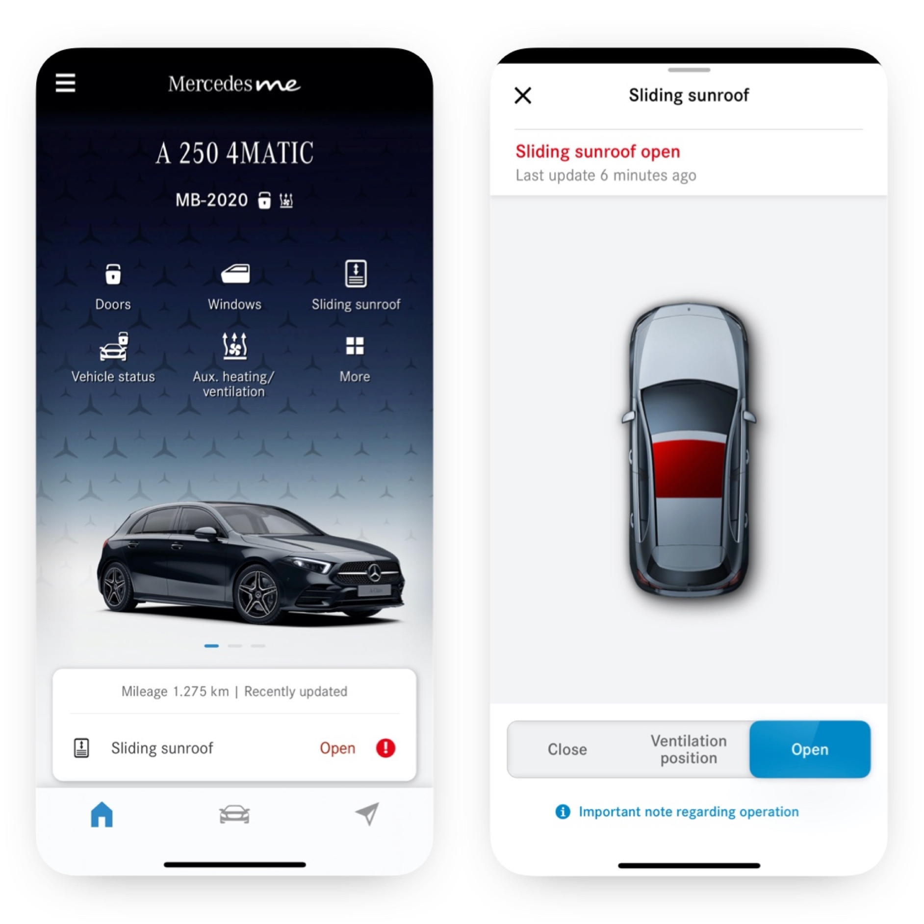 Apertura finestrini/tetto scorrevole da remoto | Excellence Package | Mercedes-Benz Su uno smartphone si possono vedere le diverse schermate che compaiono quando il Digital Extras Apertura finestrini/tetto scorrevole da remoto rileva che il tetto non è chiuso.
