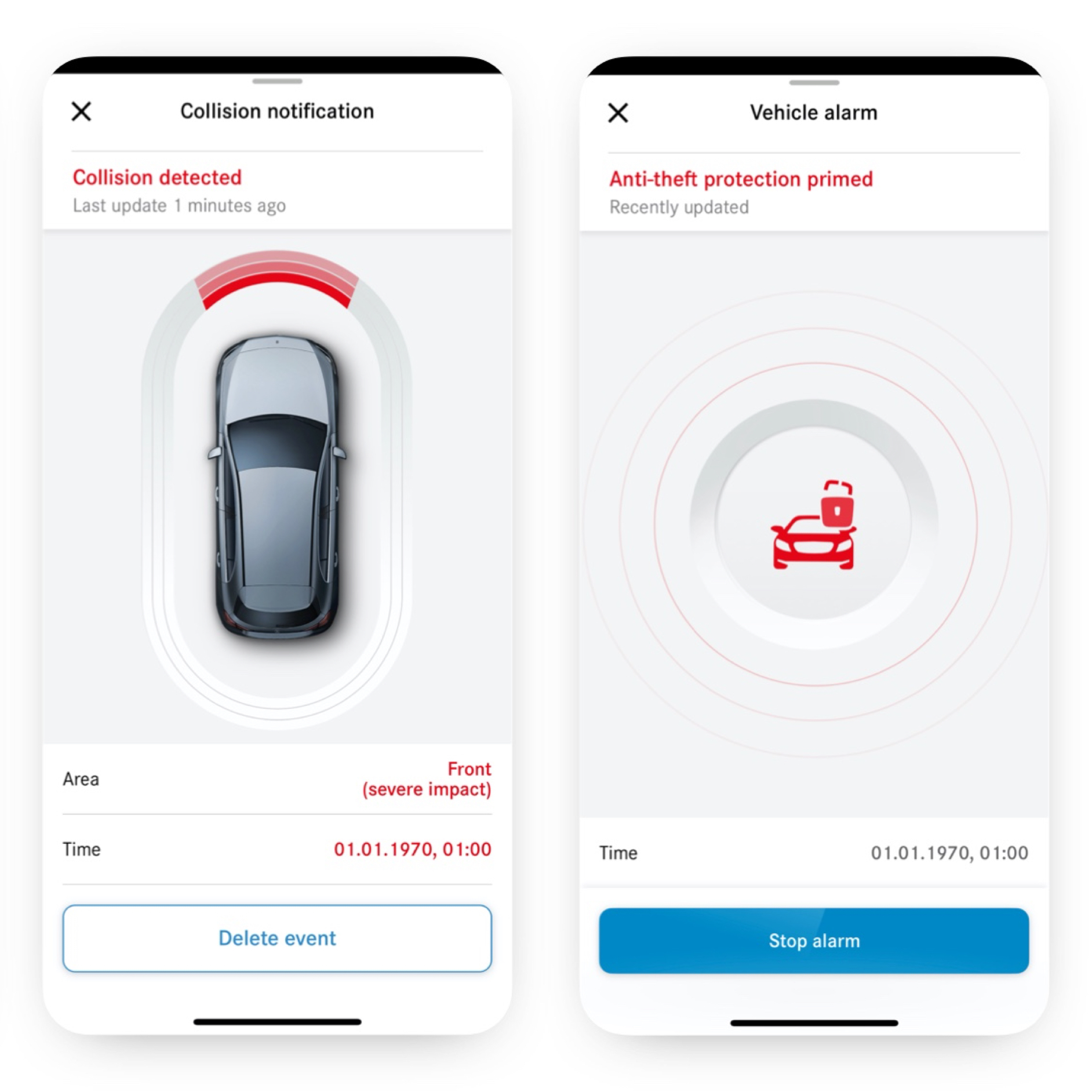 Notifica di furto e rilevamento collisioni | Remote | Mercedes-Benz Su uno smartphone, il Digital Extras di notifica di furto e rilevamento collisioni indica se si è verificata una collisione.