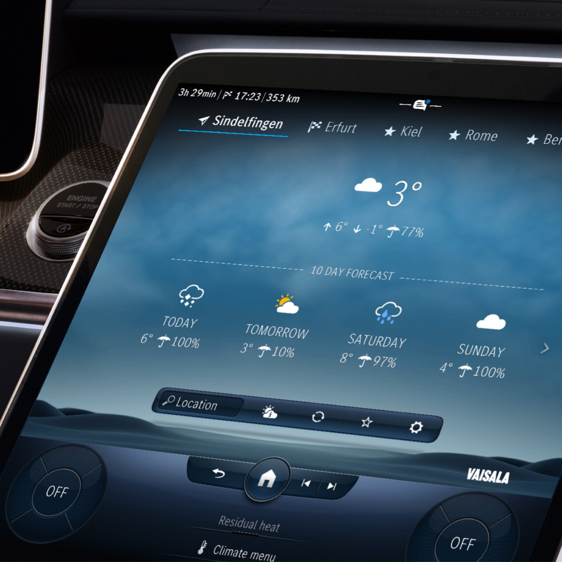 Previsioni del tempo | Excellence Package | Mercedes-Benz Il sistema multimediale MBUX mostra il tempo a destinazione grazie alla mappa meteorologica Digital Extras.