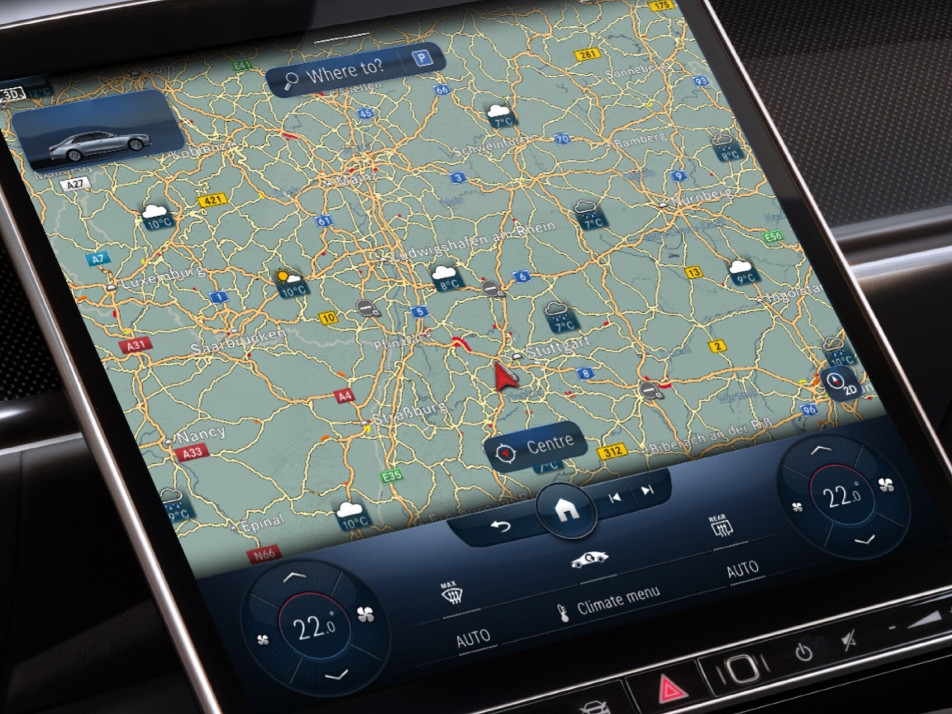 Il sistema multimediale MBUX mostra le previsioni del tempo nella regione di destinazione grazie alla mappa meteorologica Digital Extras.