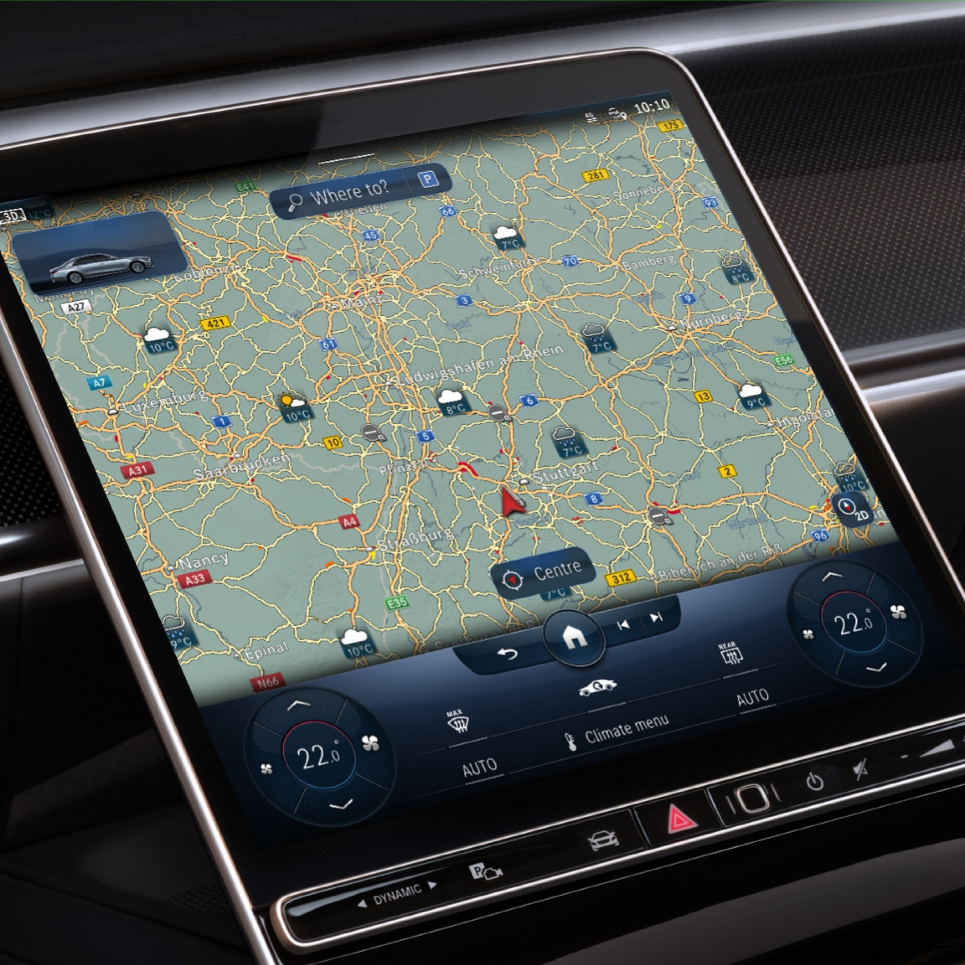 Mappa meteorologica | Excellence Package | Mercedes-Benz Il sistema multimediale MBUX mostra le previsioni del tempo nella regione di destinazione grazie alla mappa meteorologica Digital Extras.