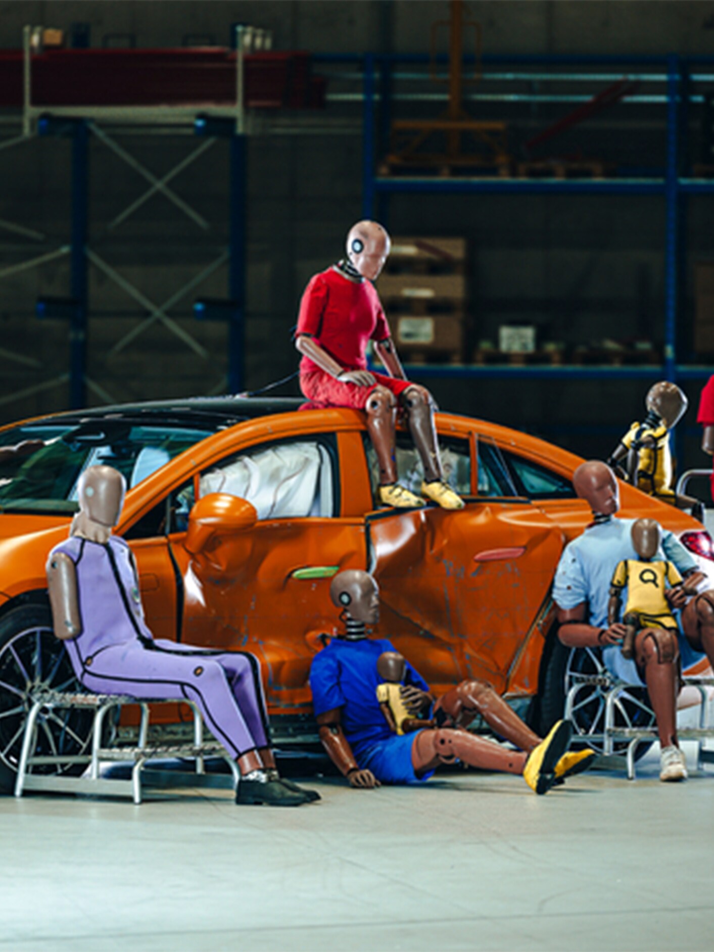Manichini multipli per i crash test seduti sopra e intorno a un'auto Mercedes-Benz.