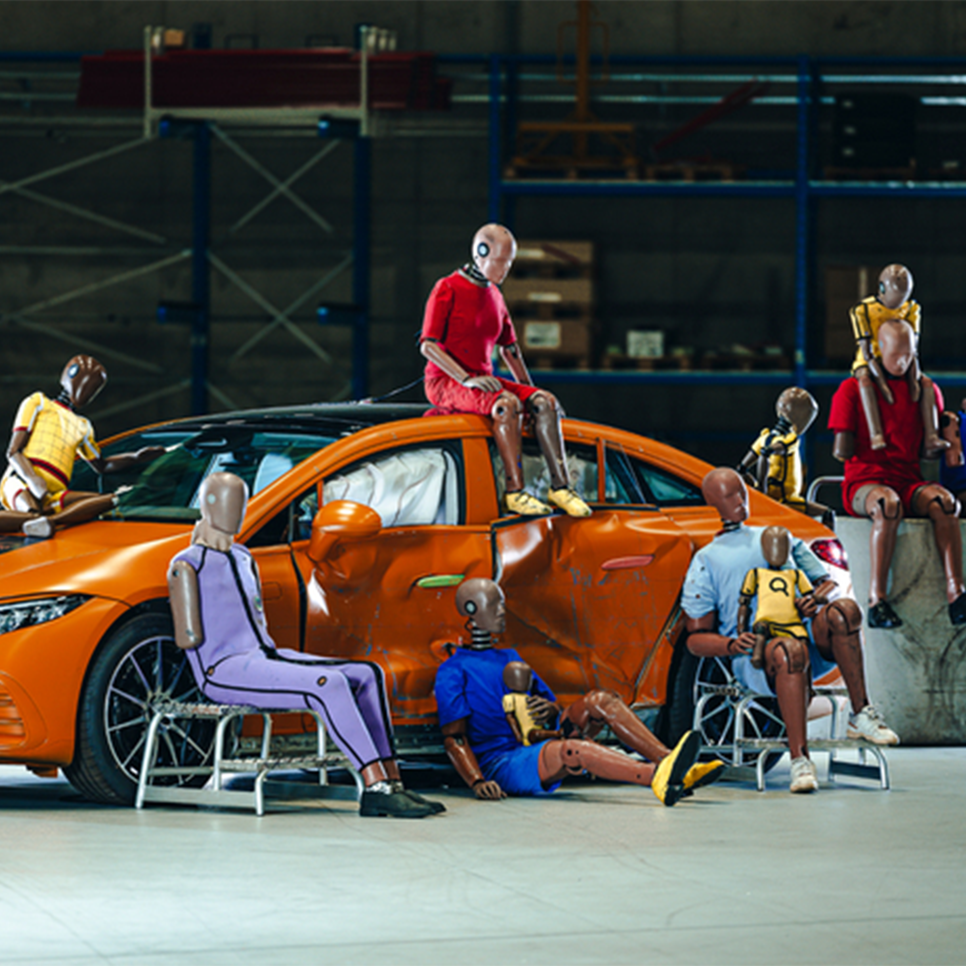 Manichini per crash test | Sicurezza | Mercedes-Benz Manichini multipli per i crash test seduti sopra e intorno a un'auto Mercedes-Benz.