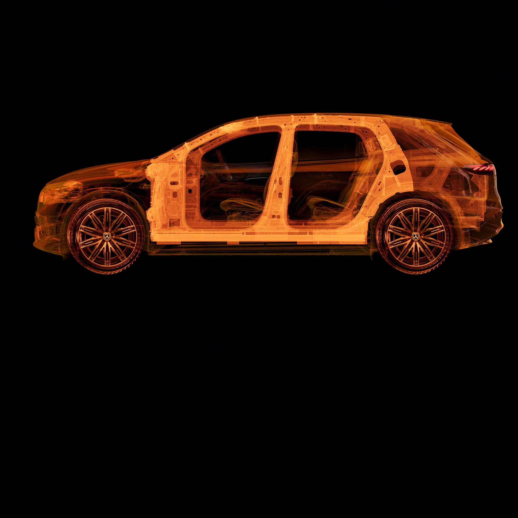 Vista laterale trasparente di un'auto Mercedes-Benz che mostra le strutture interne.
