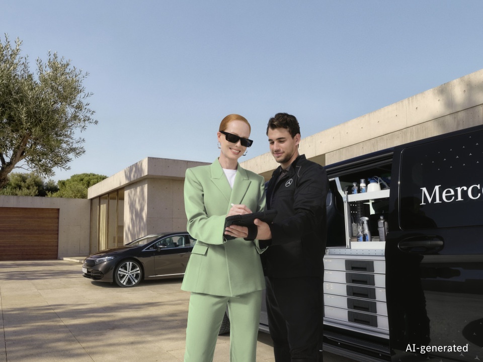 Servizio assistenza mobile Mercedes-Benz - check-up motore Un tecnico del Mercedes-Benz Mobile Service esamina documenti digitali